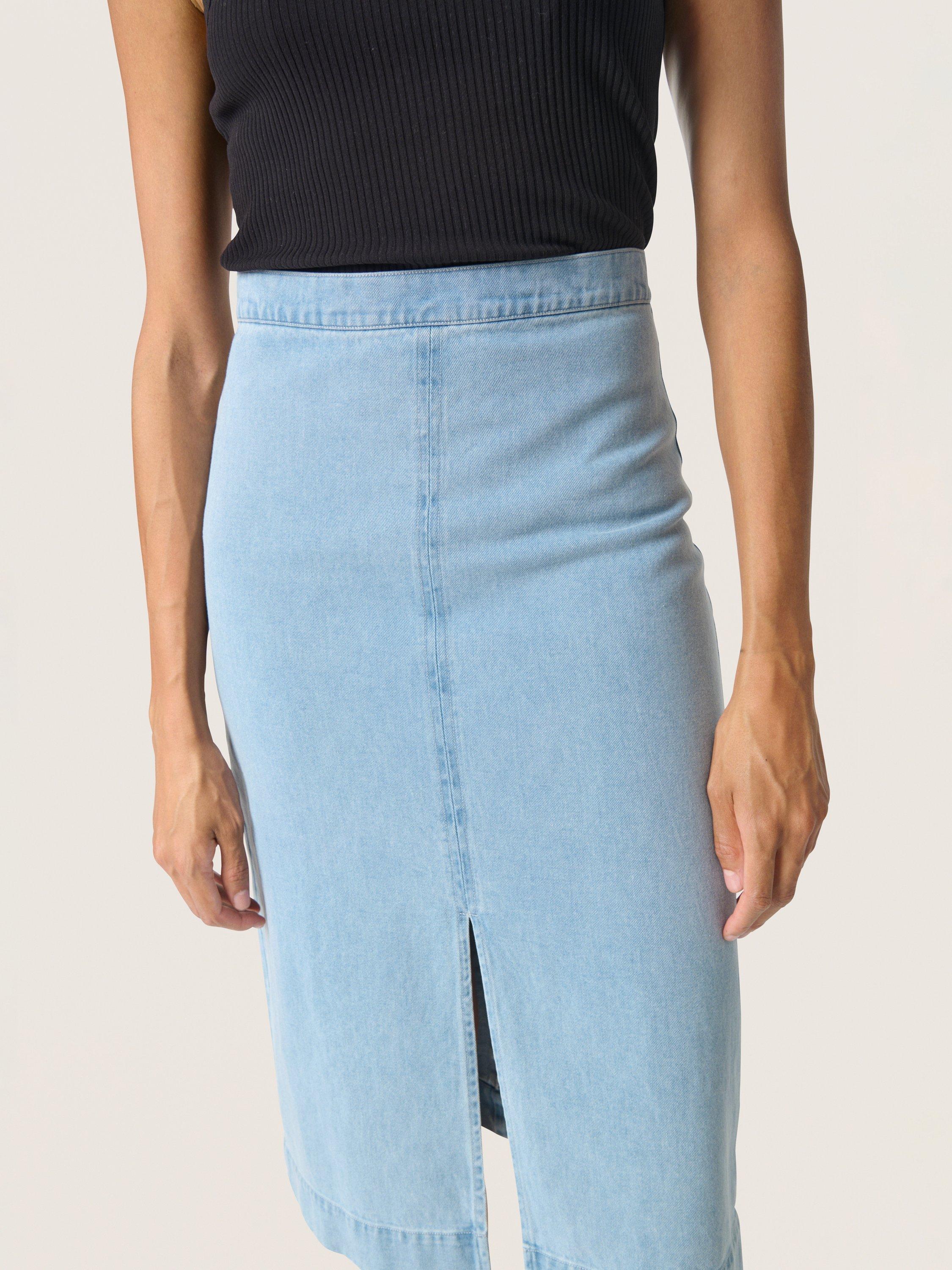 Product image 4 of 6, which shows Soaked In Luxury Annabeth Denim Pencil Skirt, Light Blue Denim, XS