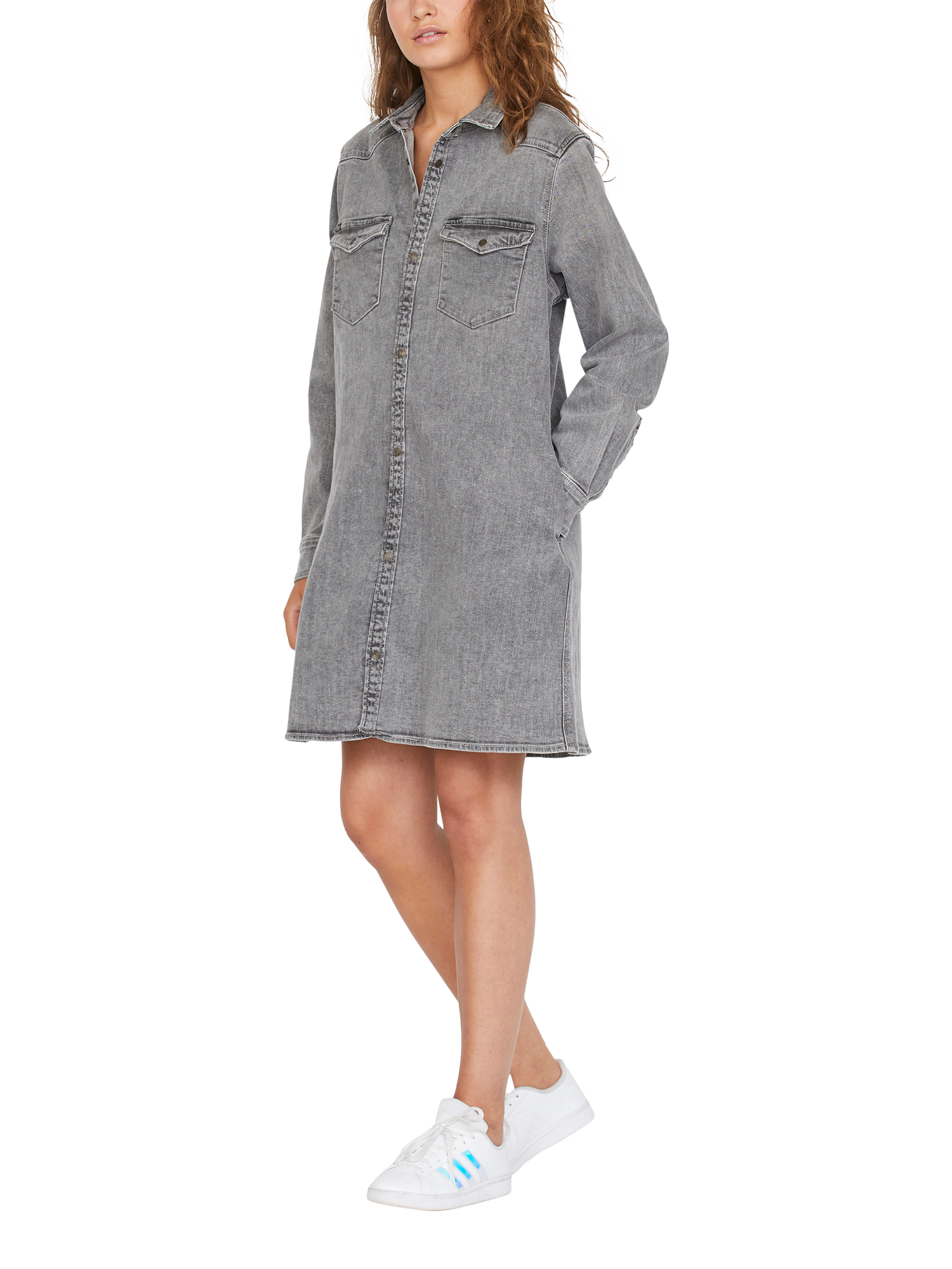 Product image 1 of 4, which shows Sisters Point Onea Loose Fit Denim Dress, Light Grey Wash, S