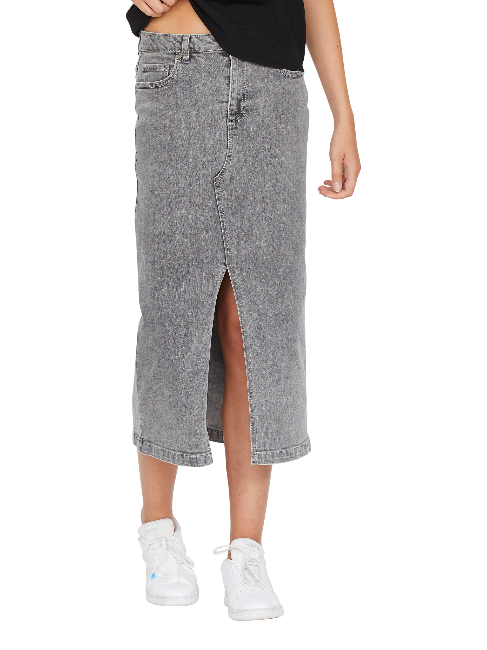 Product image 1 of 4, which shows Sisters Point Olia Denim Midi Skirt, Light Grey Wash, XS