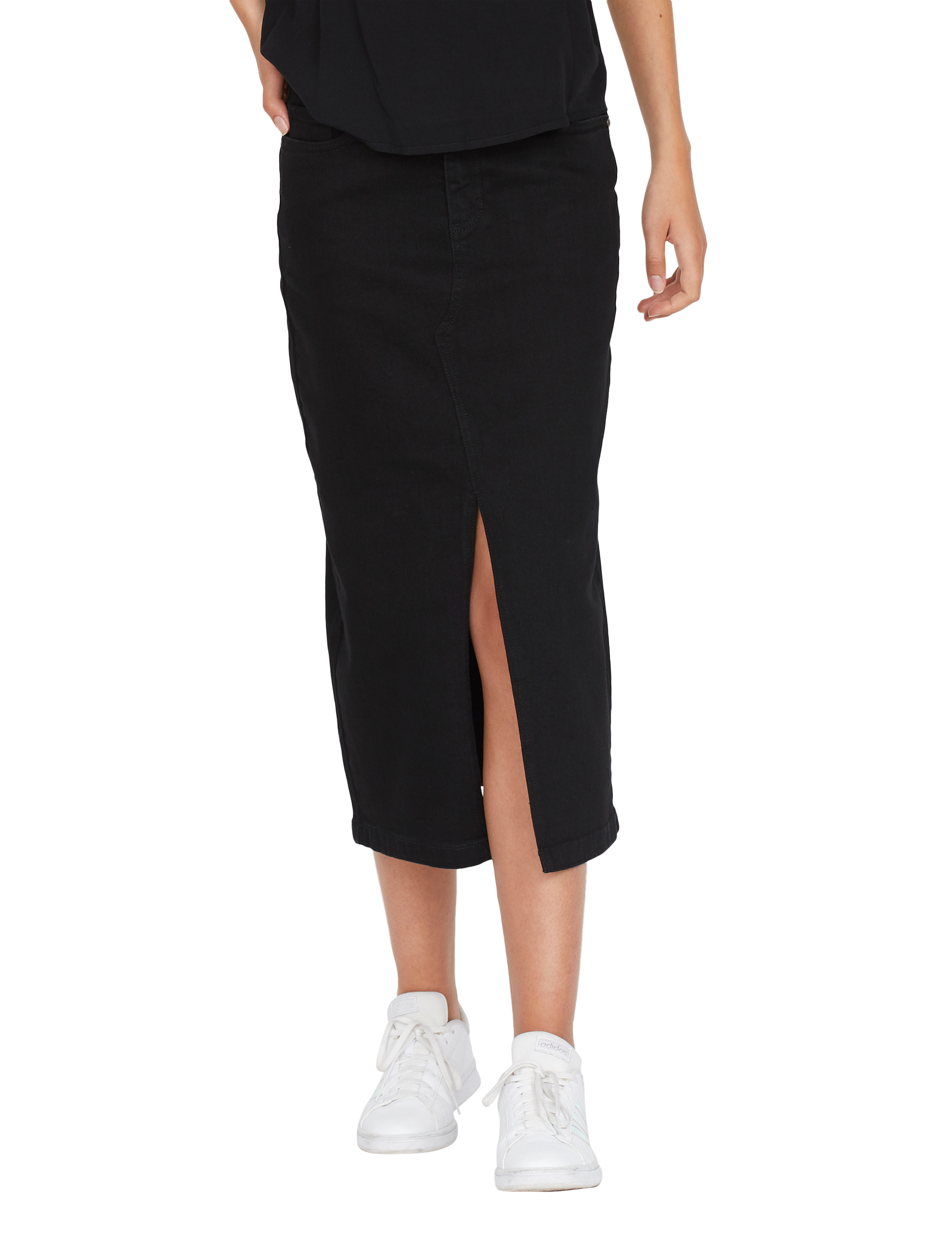 Product image 1 of 4, which shows Sisters Point Olia Denim Midi Skirt, Black, XS
