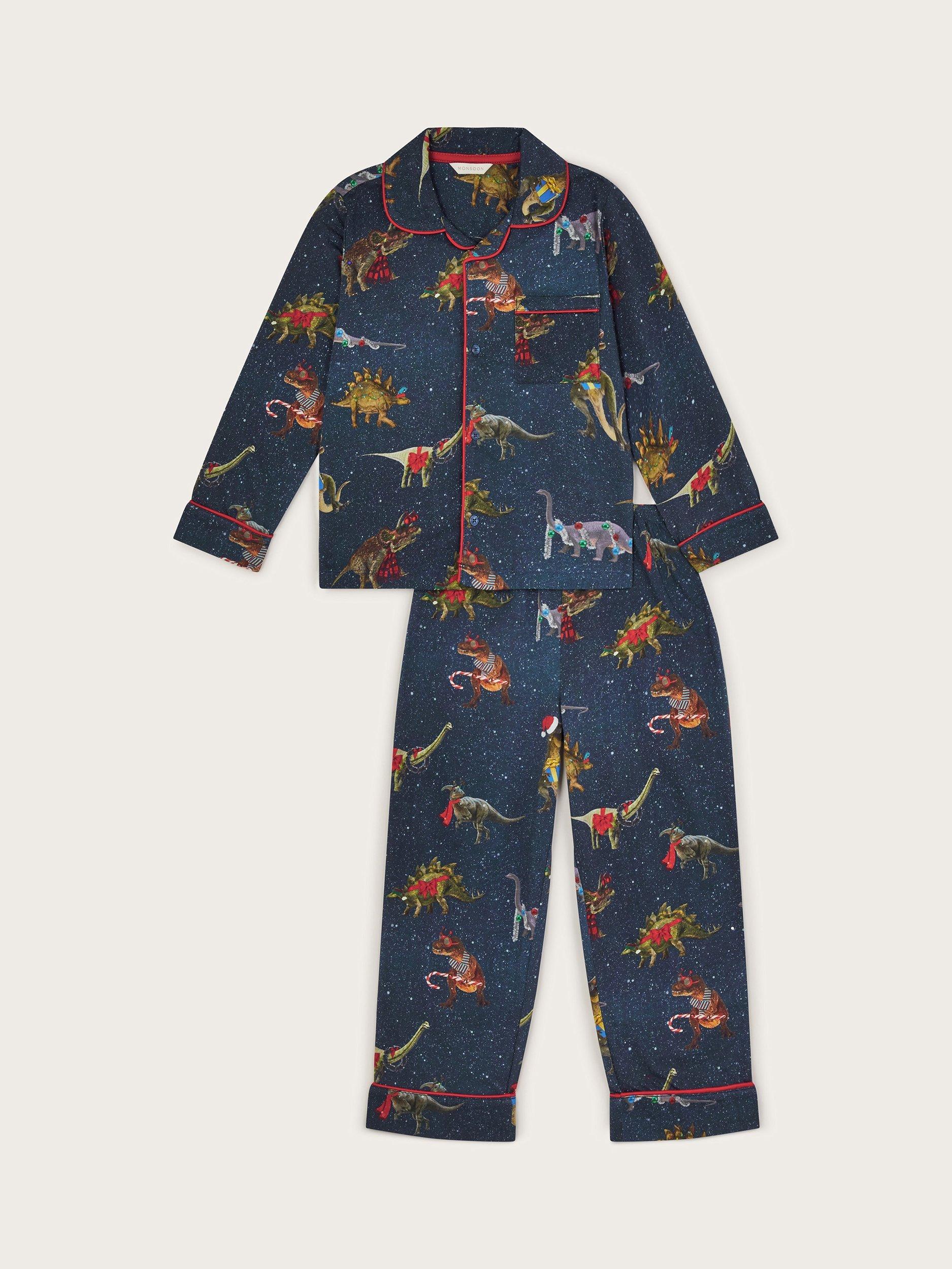 Monsoon Kids' Christmas Dinosaur Print Cotton Pyjama Set, Navy/Multi