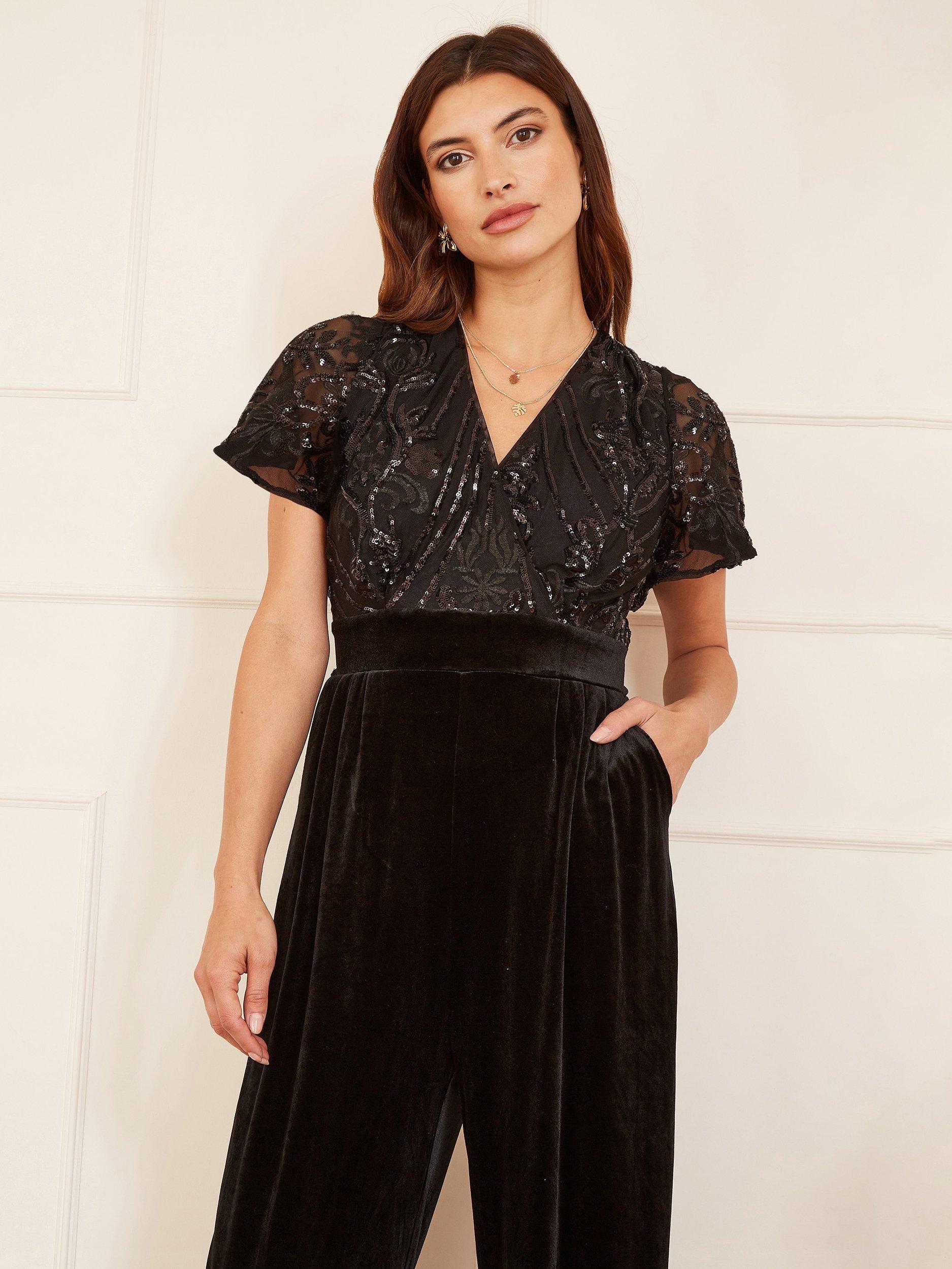 Product image 2 of 4, which shows Yumi Sequin Bodice Velvet Wide Leg Jumpsuit, Black, 8