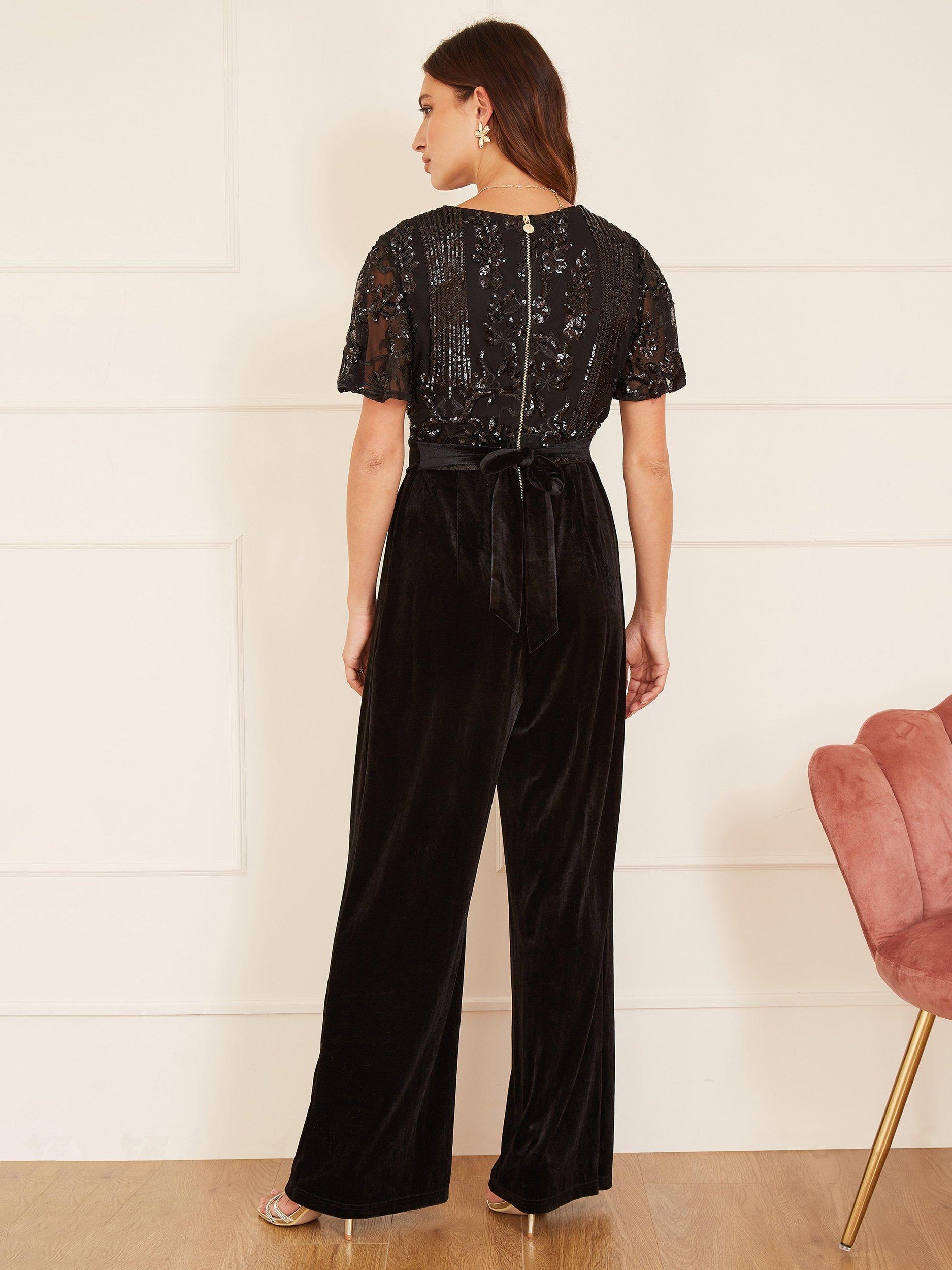 Product image 3 of 4, which shows Yumi Sequin Bodice Velvet Wide Leg Jumpsuit, Black, 8