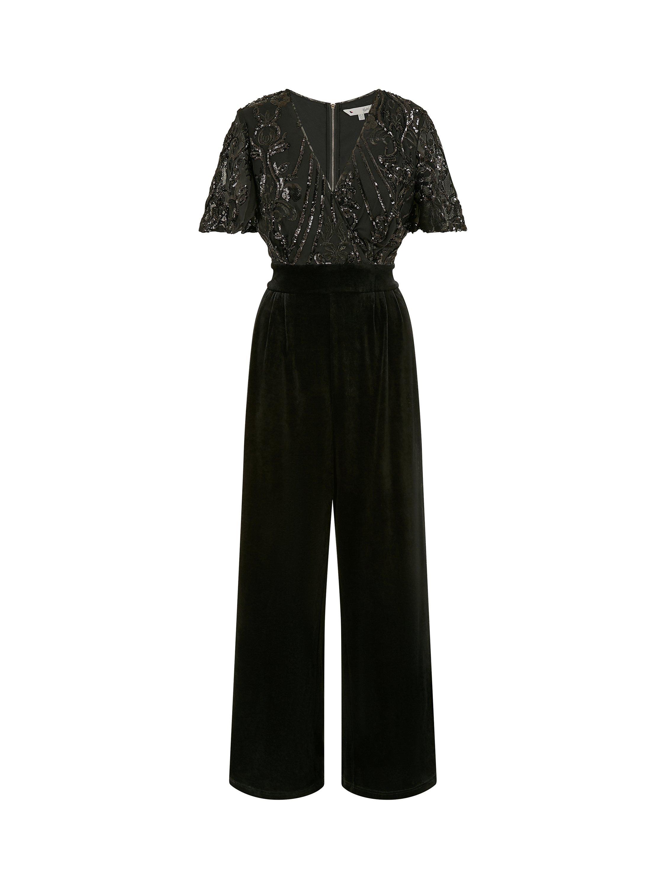 Product image 4 of 4, which shows Yumi Sequin Bodice Velvet Wide Leg Jumpsuit, Black, 8