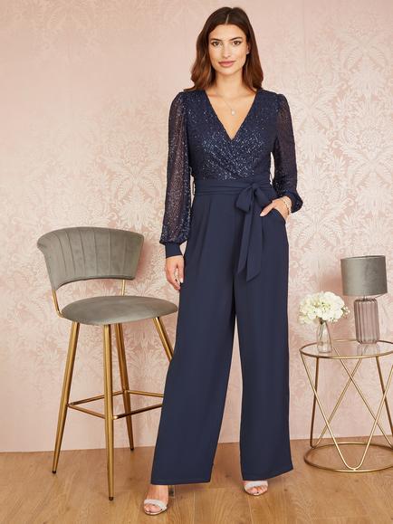 Yumi Long Sleeve Sequin Jumpsuit, Navy