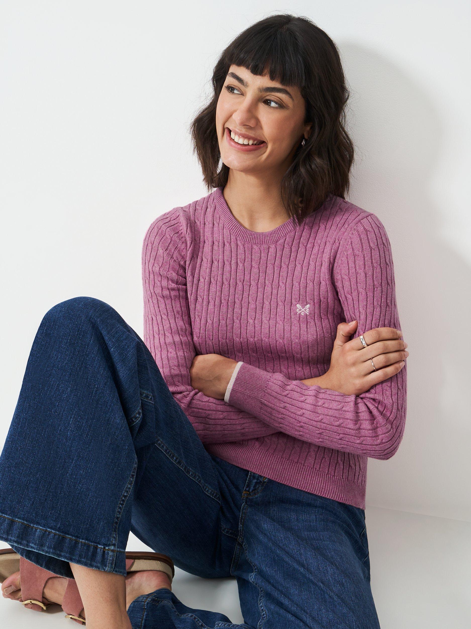 Product image 1 of 5, which shows Crew Clothing Heritage Cable Knit Cashmere Blend Jumper, Light Pink, 8