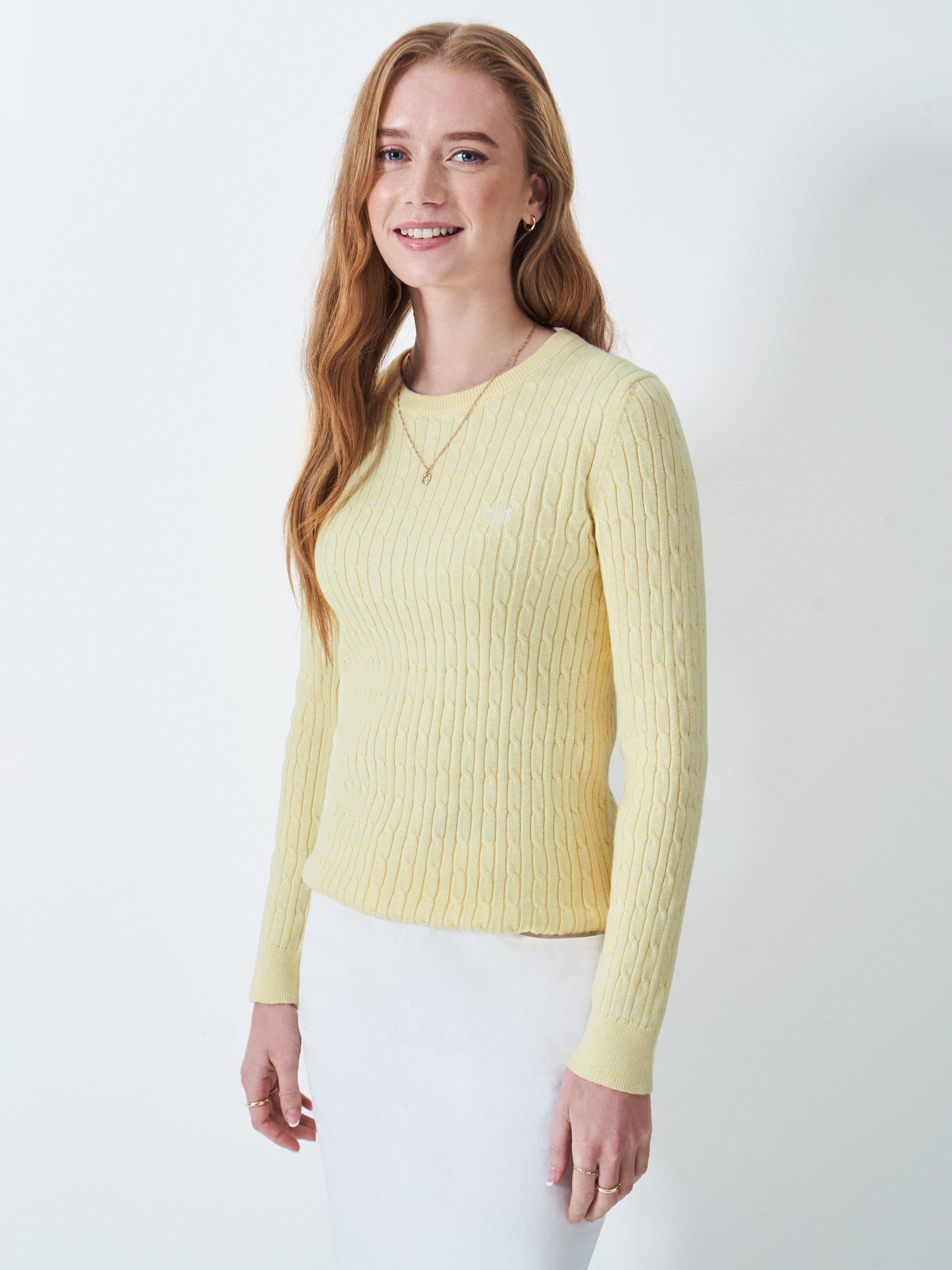 Product image 1 of 5, which shows Crew Clothing Heritage Cable Knit Cashmere Blend Jumper, Light Yellow, 8