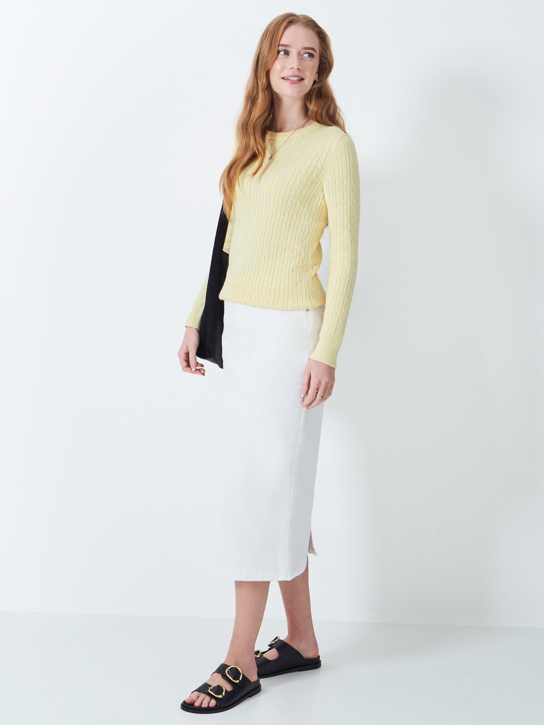Product image 3 of 5, which shows Crew Clothing Heritage Cable Knit Cashmere Blend Jumper, Light Yellow, 8