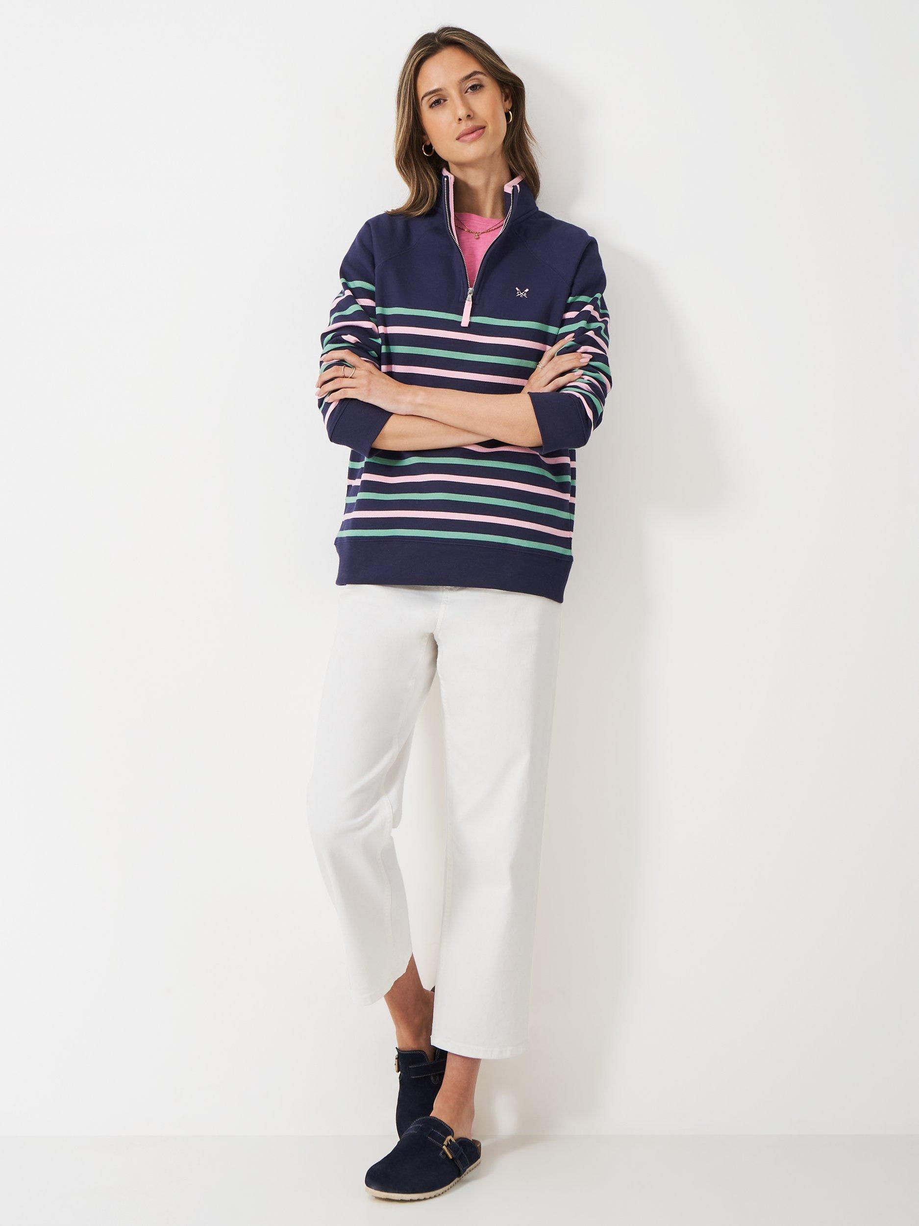 Product image 1 of 5, which shows Crew Clothing Stripe Half Zip Sweatshirt, Blue/Multi, 8