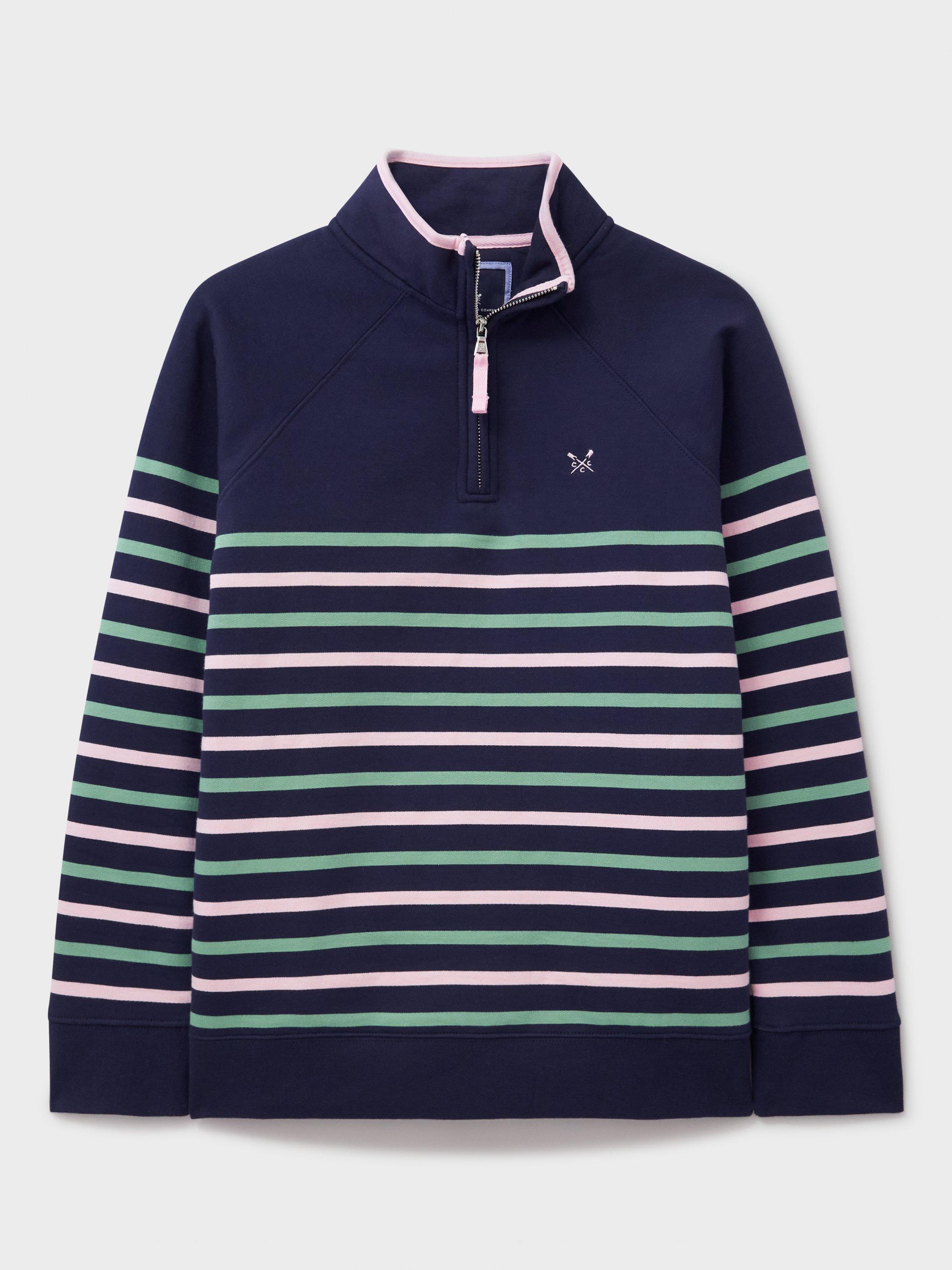 Product image 5 of 5, which shows Crew Clothing Stripe Half Zip Sweatshirt, Blue/Multi, 8