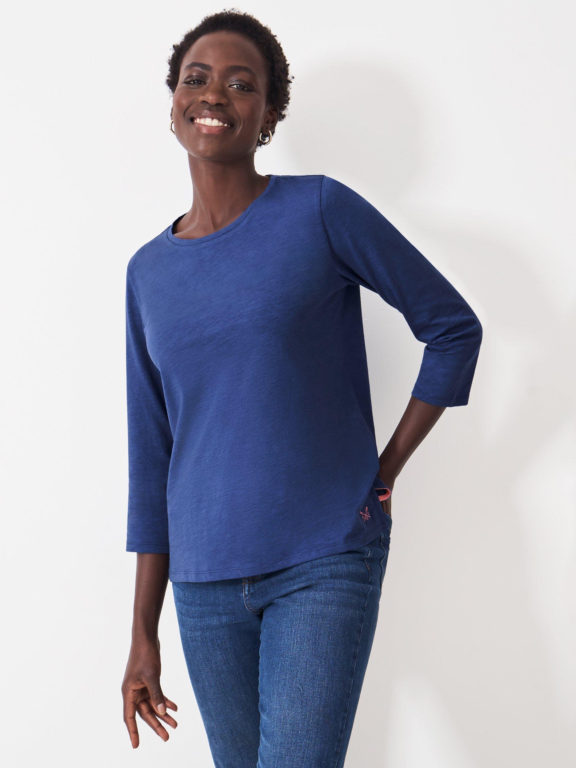 Crew Clothing Perfect Cotton Slub 3/4 Sleeve Top, Dark Blue