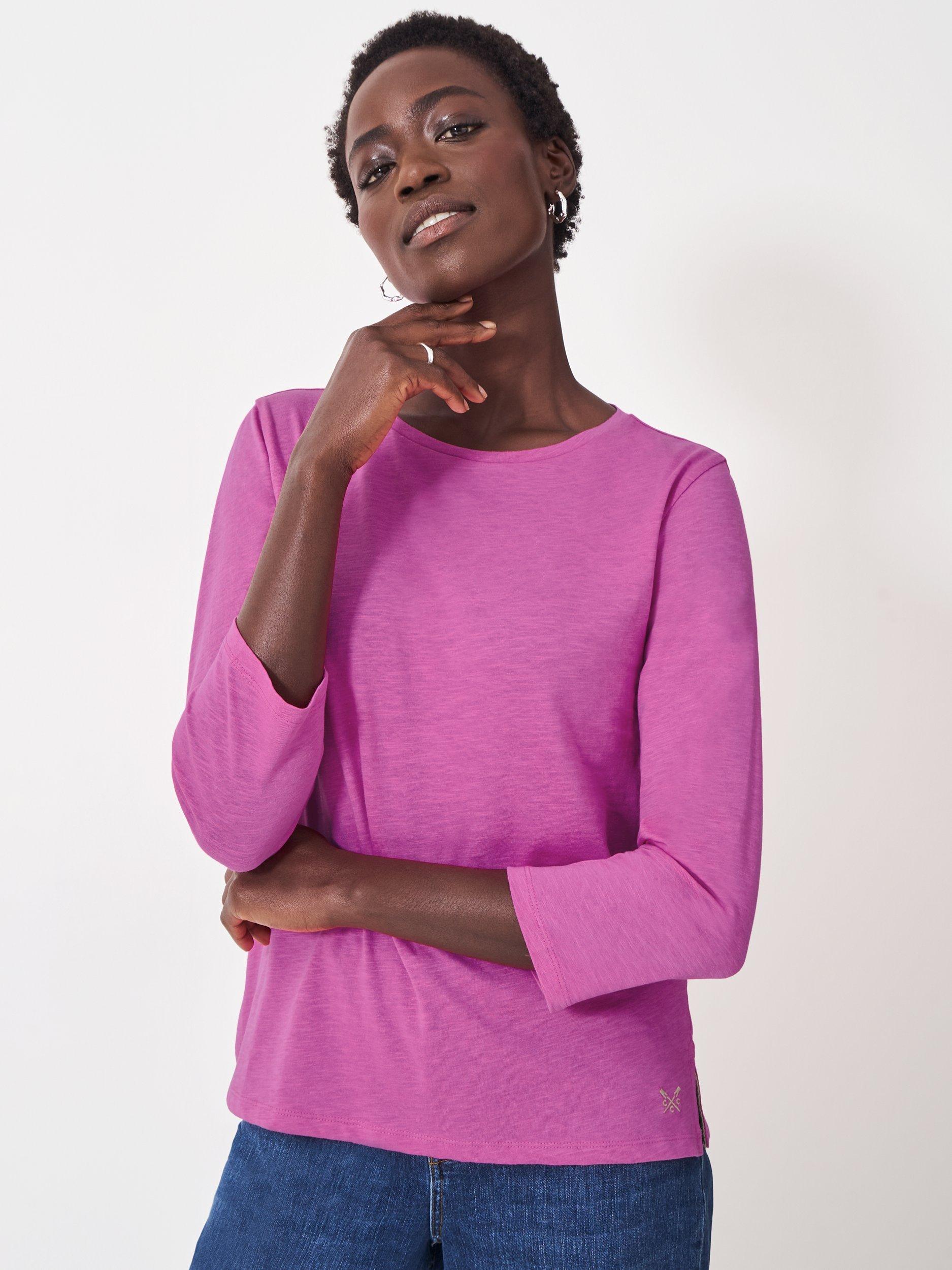 Crew Clothing Perfect Cotton Slub 3/4 Sleeve Top, Rose Pink