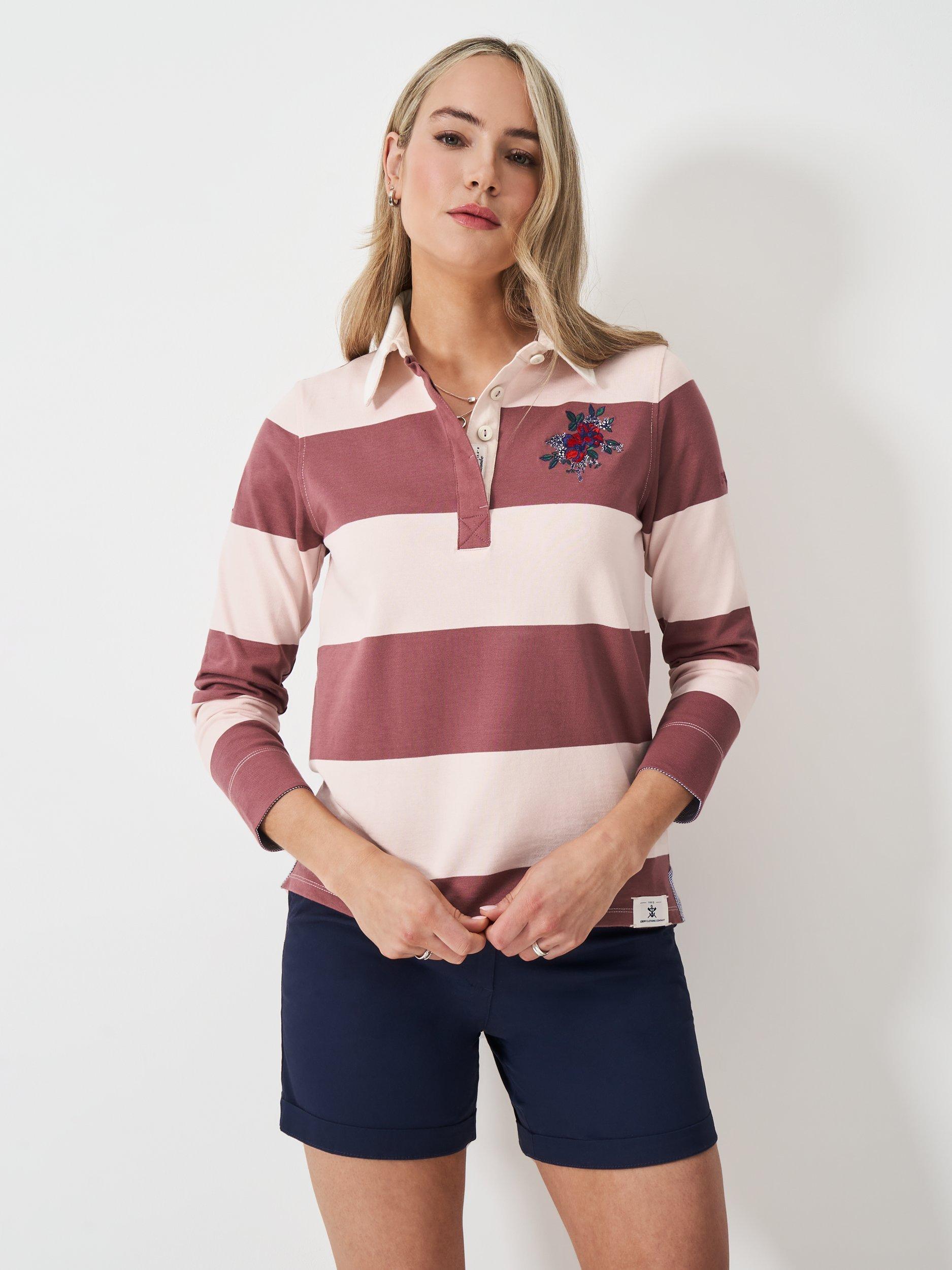 Product image 1 of 5, which shows Crew Clothing Stripe Embroidered Rose Rugby Shirt, Rose Pink, 8