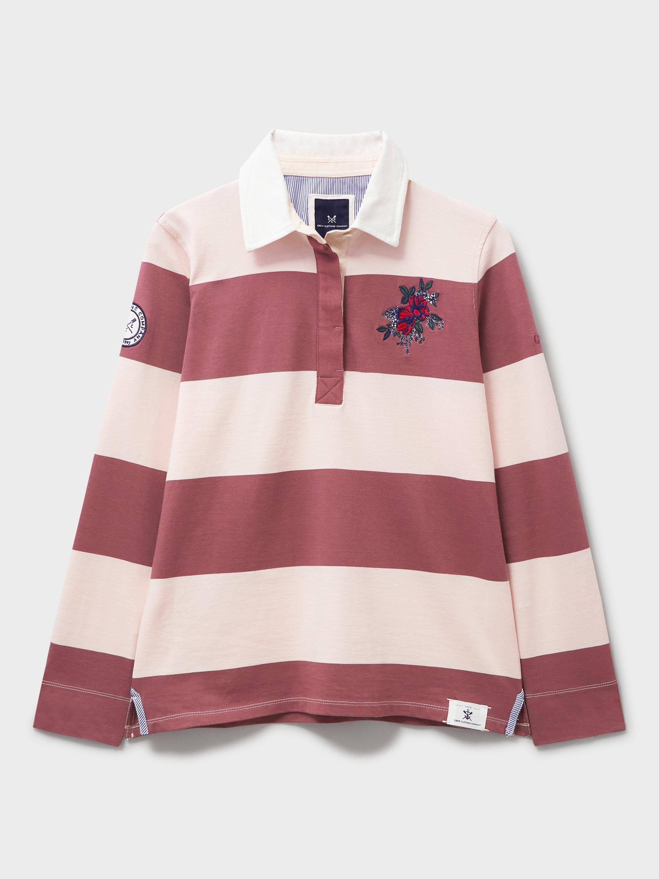 Product image 5 of 5, which shows Crew Clothing Stripe Embroidered Rose Rugby Shirt, Rose Pink, 8