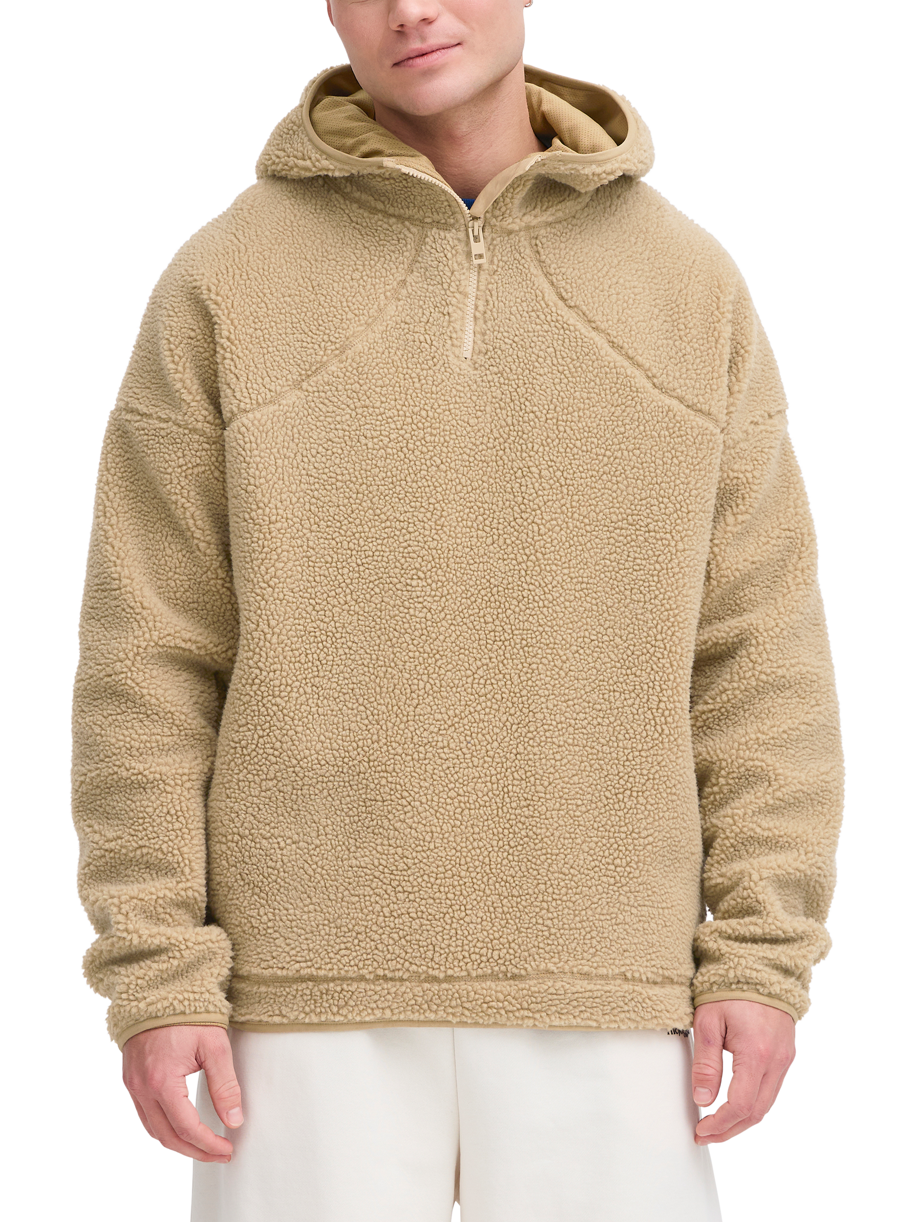 Product image 1 of 5, which shows The Jogg Concept Berri Embossed Zip Neck Borg Hoodie, Cornstalk, S