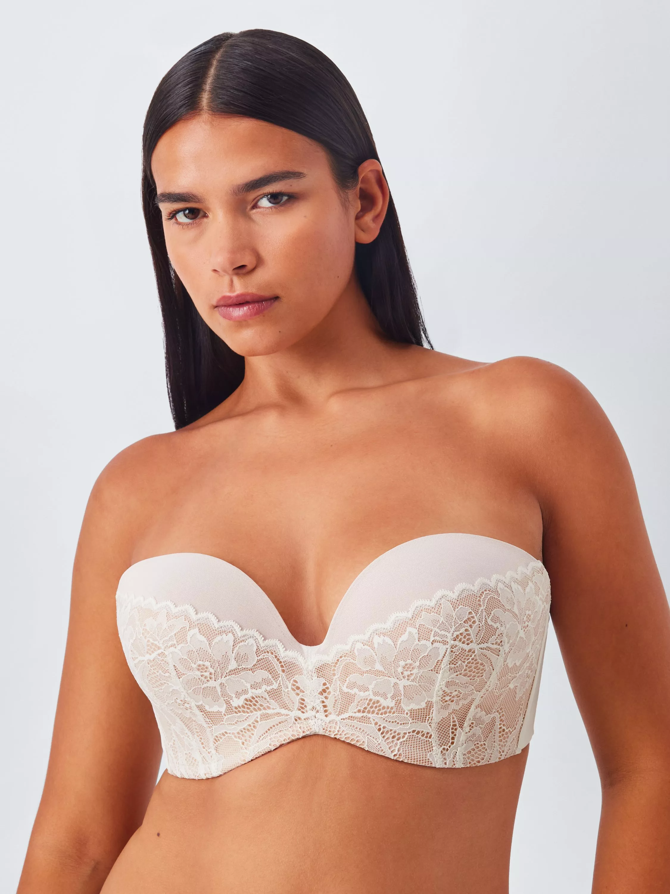 woman wearing an almond colour strapless multiway bra