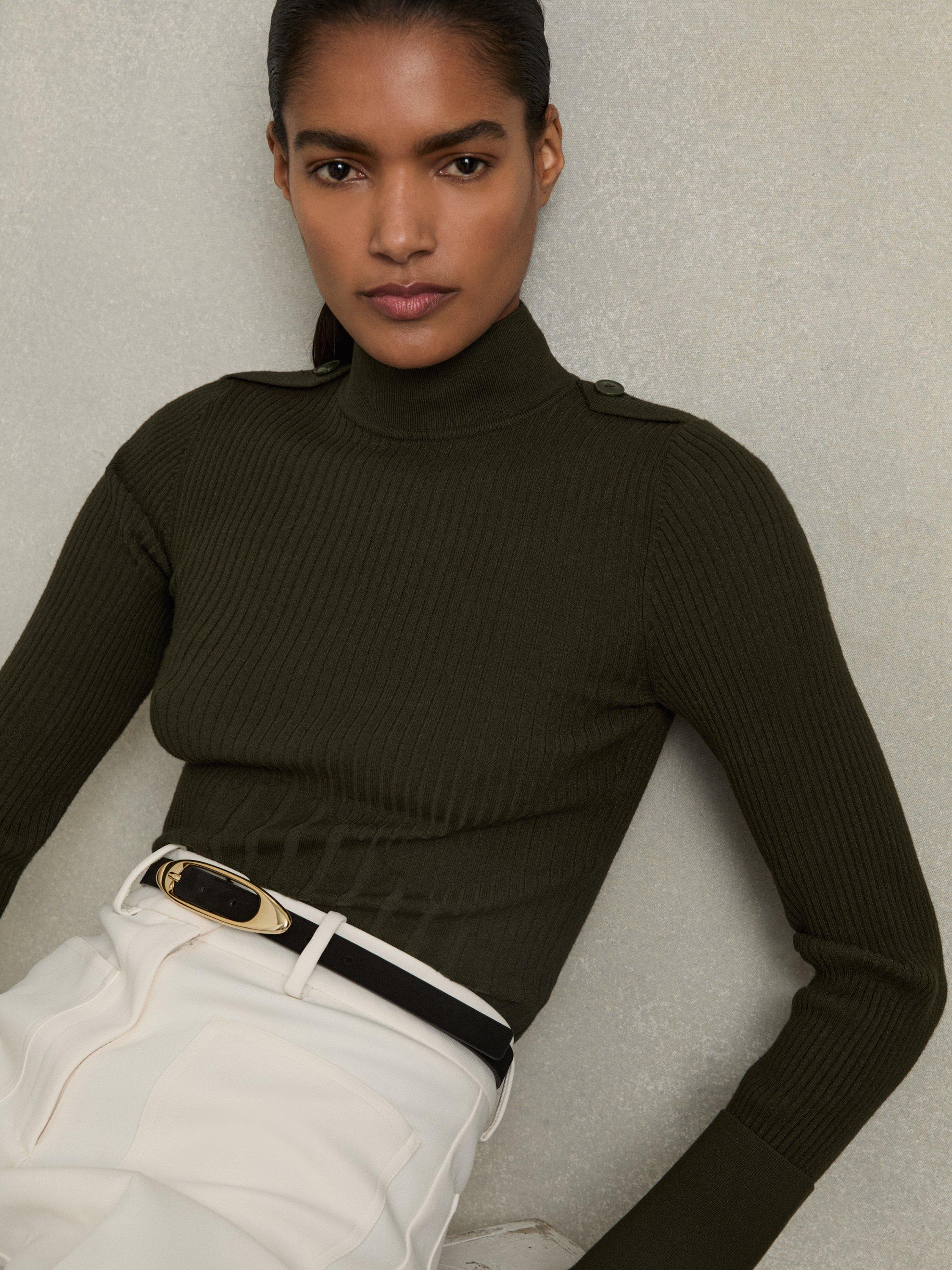 Product image 1 of 5, which shows Reiss Vienne Mock Neck Jumper, Green, S