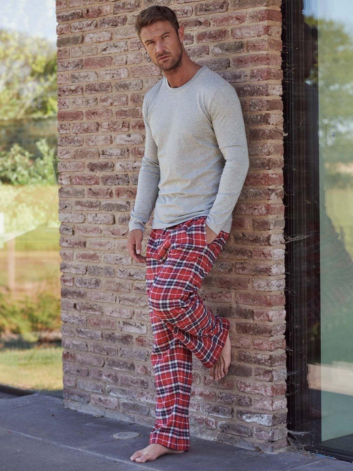 Product image 1 of 6, which shows British Boxers Tartan Brushed Cotton Pyjama Trousers, Red/Multi, S