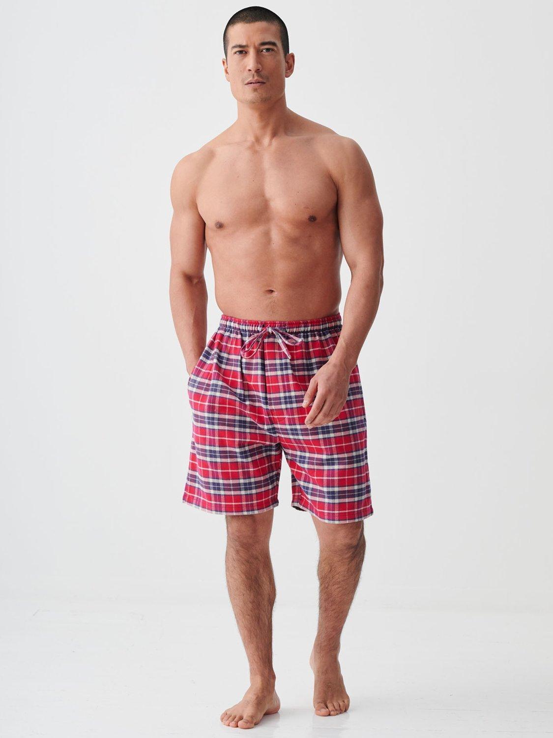 Product image 1 of 3, which shows British Boxers Tartan Brushed Cotton Pyjama Shorts, Red/Multi Red, S