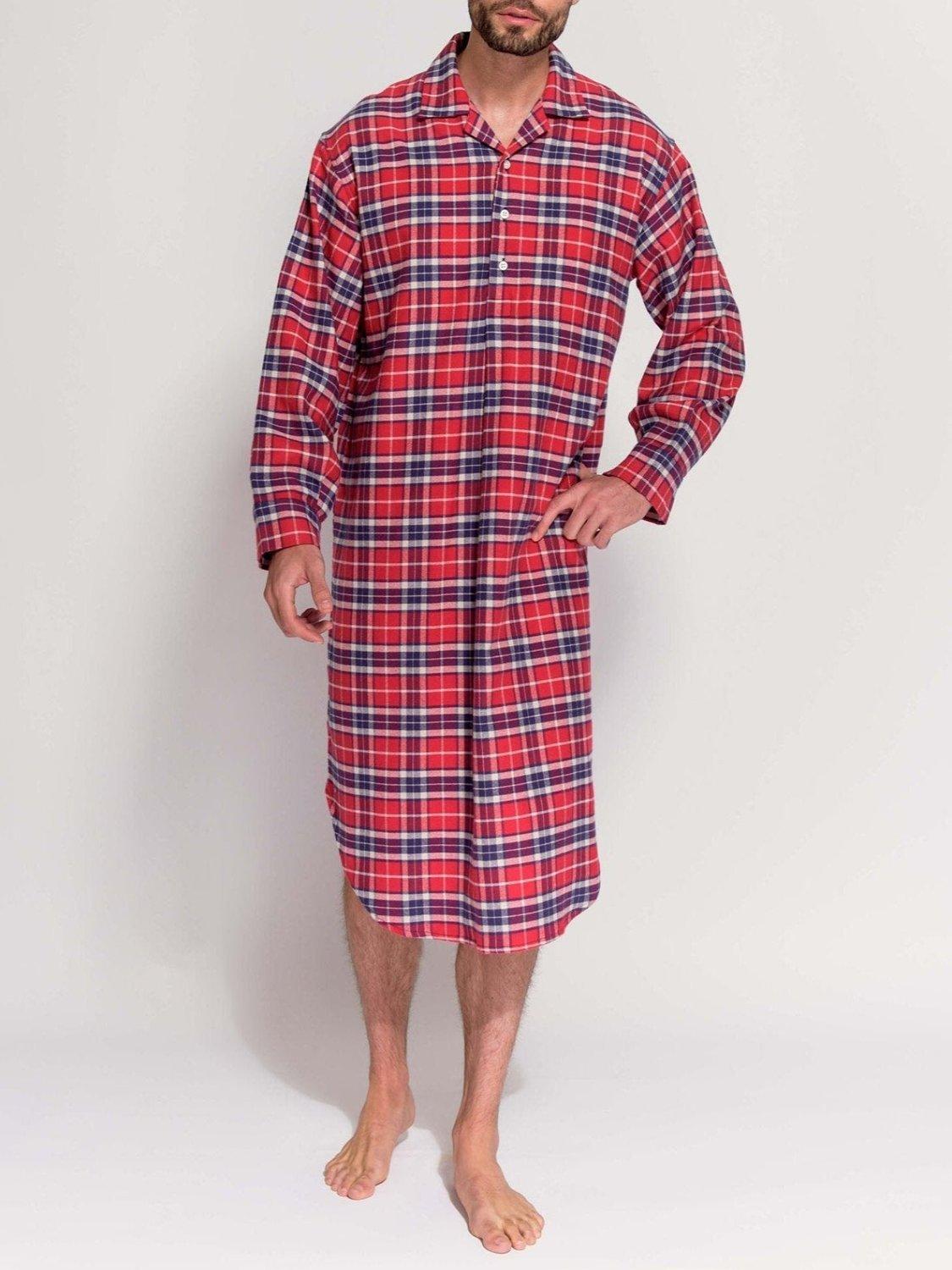 Product image 1 of 4, which shows British Boxers Tartan Brushed Cotton Nightshirt, Red/Multi, S