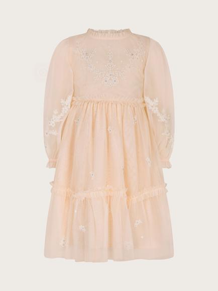 Monsoon Kids' Elena Floral Embroidered Frilly Tulle Dress, Pale Pink, Pale Pink