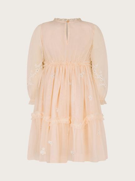 Monsoon Kids' Elena Floral Embroidered Frilly Tulle Dress, Pale Pink - view 2, Pale Pink