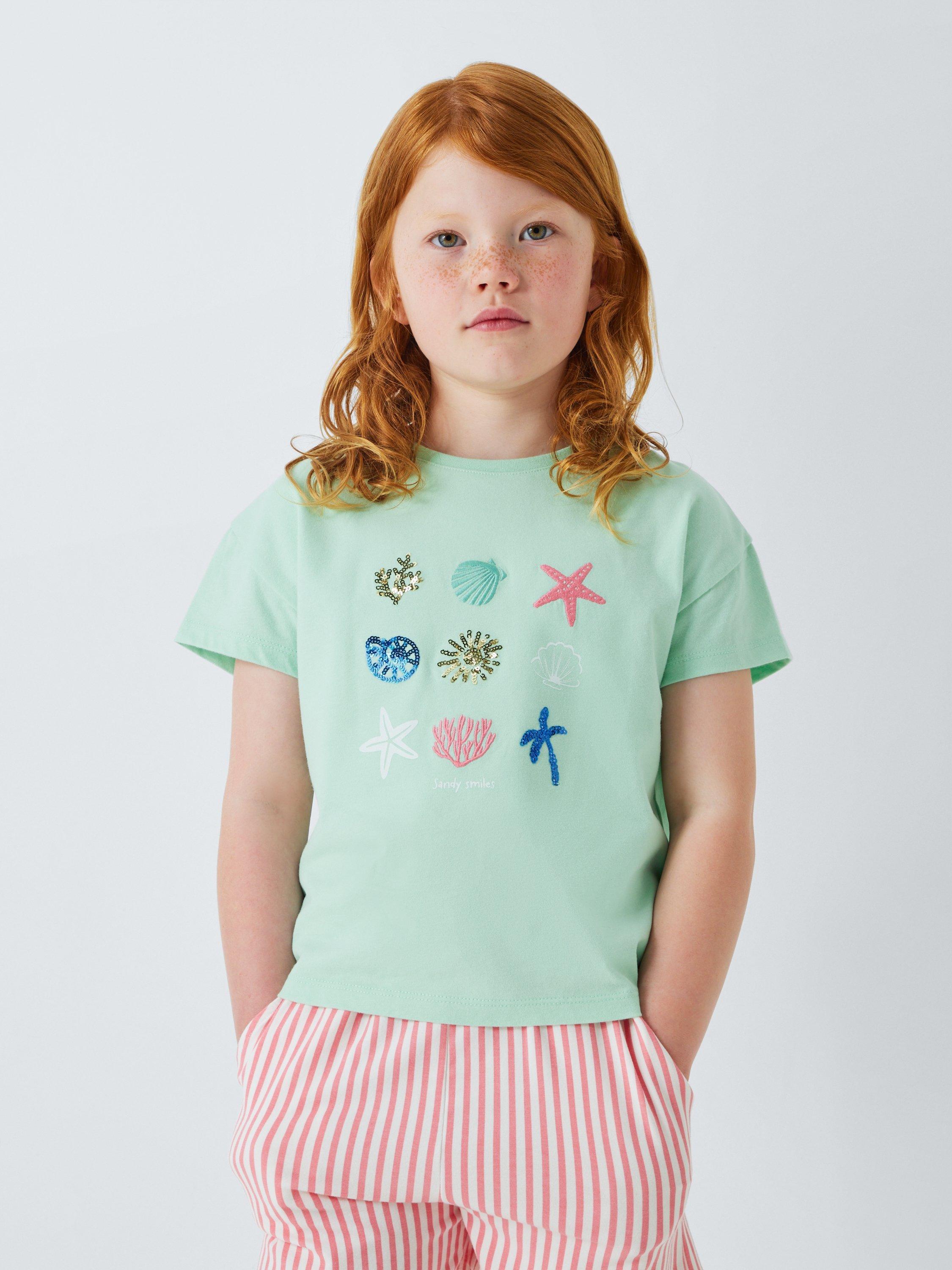 Product image 1 of 7, which shows John Lewis Kids' Shell Embellished T-Shirt, Blue, 2 years