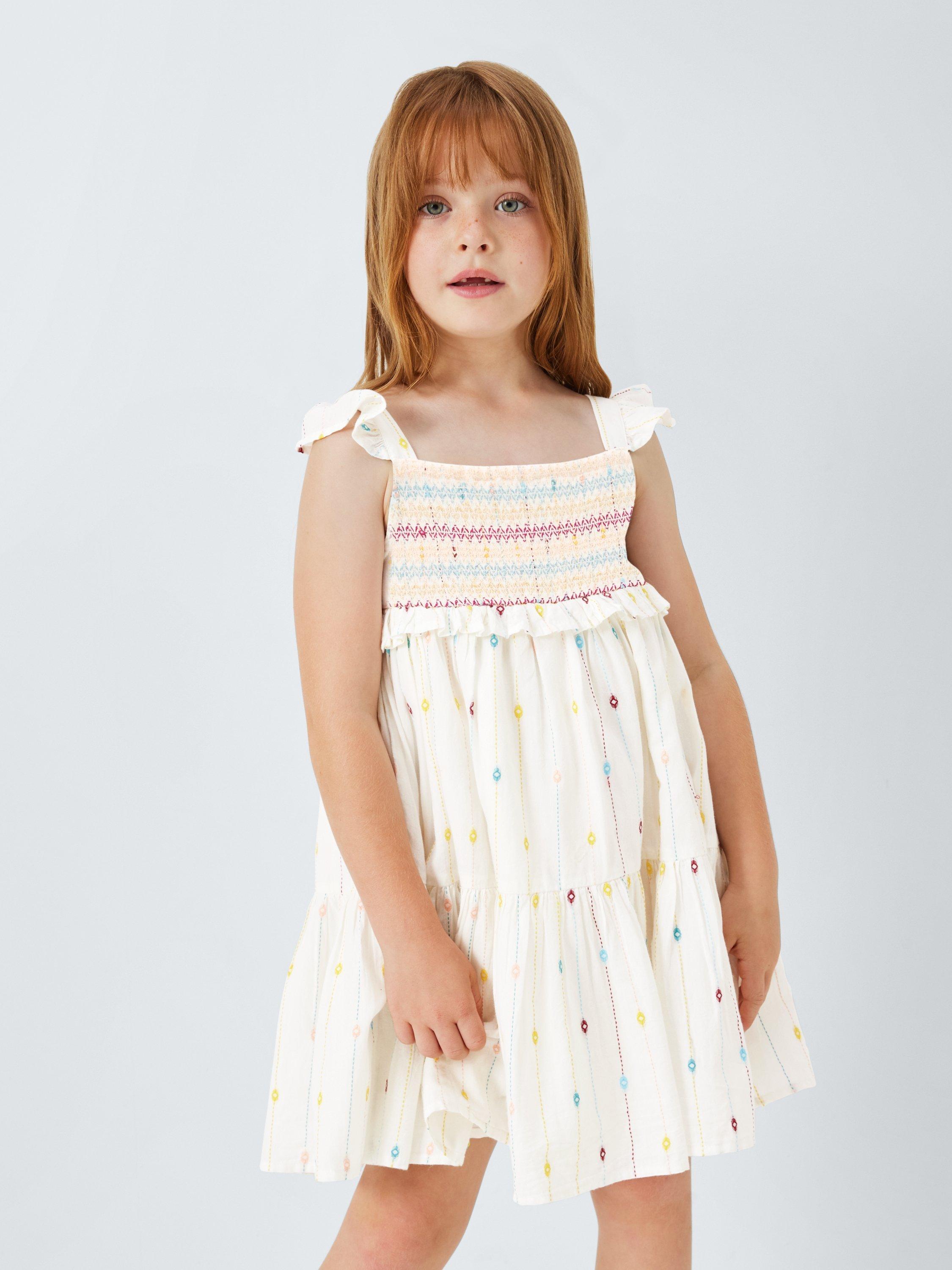 Product image 1 of 7, which shows John Lewis Kids' Smocked Frill Sleeve Dress, Multi, 2 years