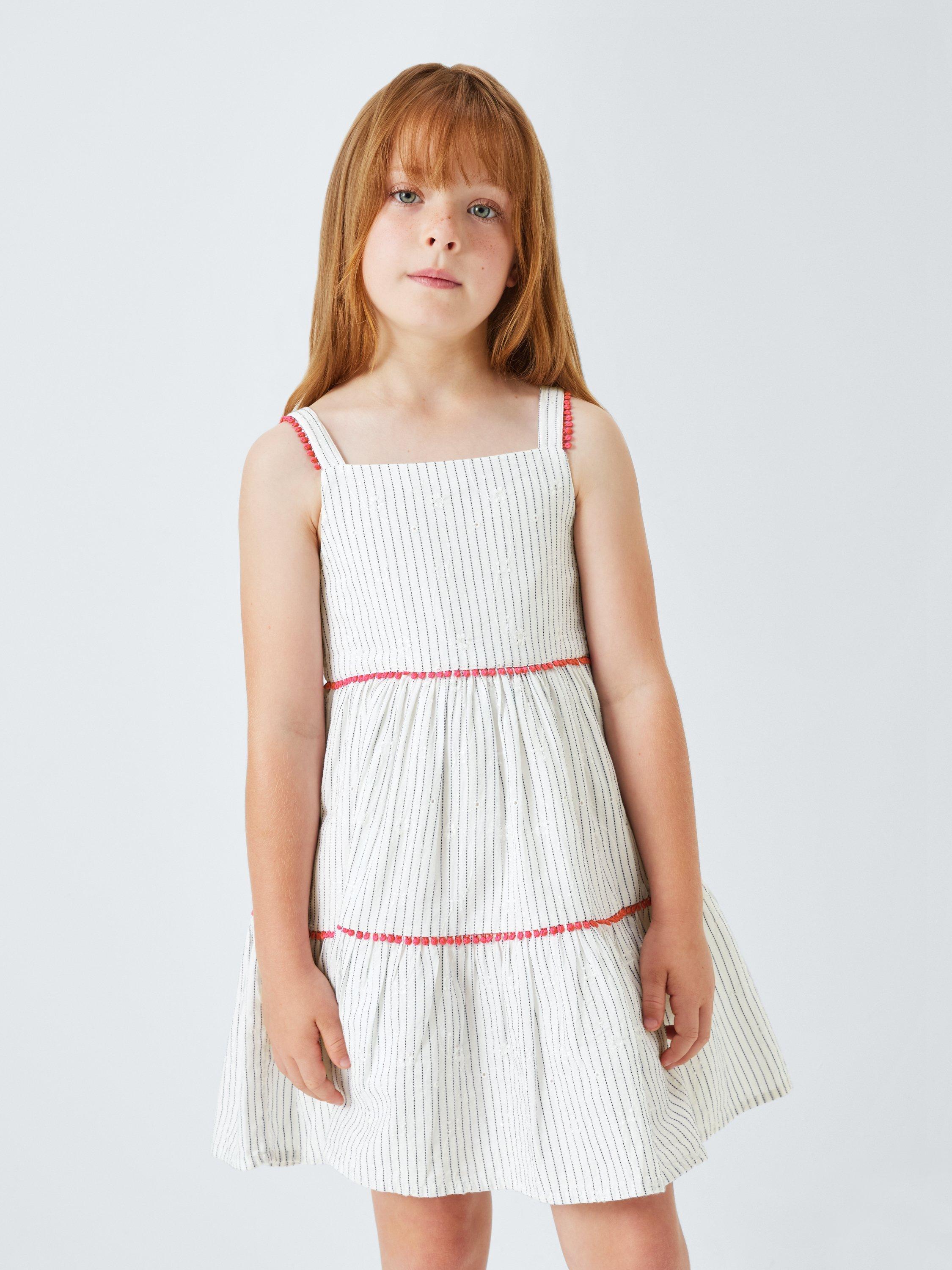 Product image 1 of 7, which shows John Lewis Kids' Stripe Tiered Sun Dress, Blue, White, 2 years