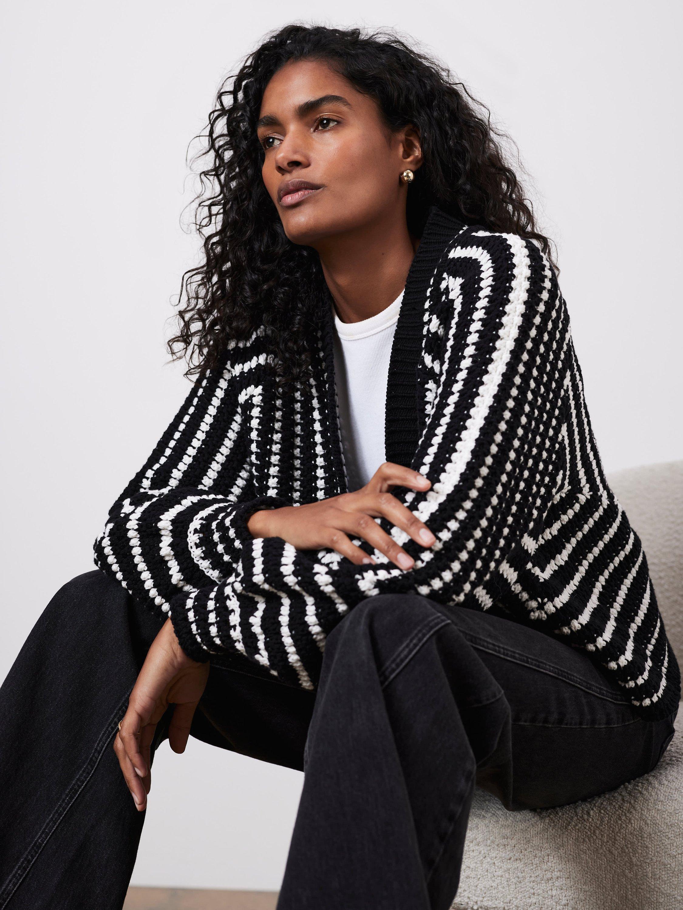 Mint Velvet Stripe Stitch Open Neck Cardigan, Black/White