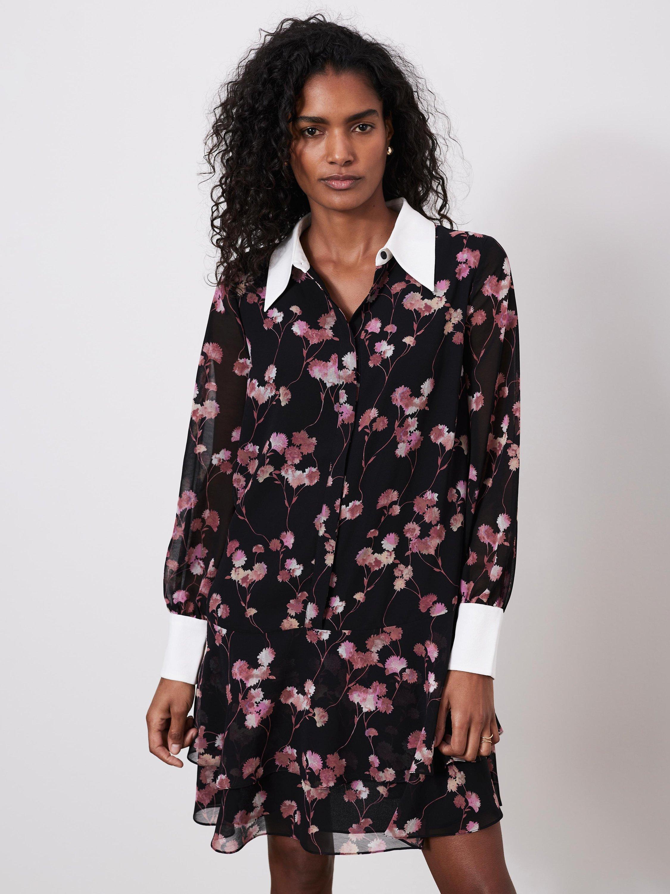 Product image 1 of 8, which shows Mint Velvet Floral Mini Shirt Dress, Black/Multi, XS