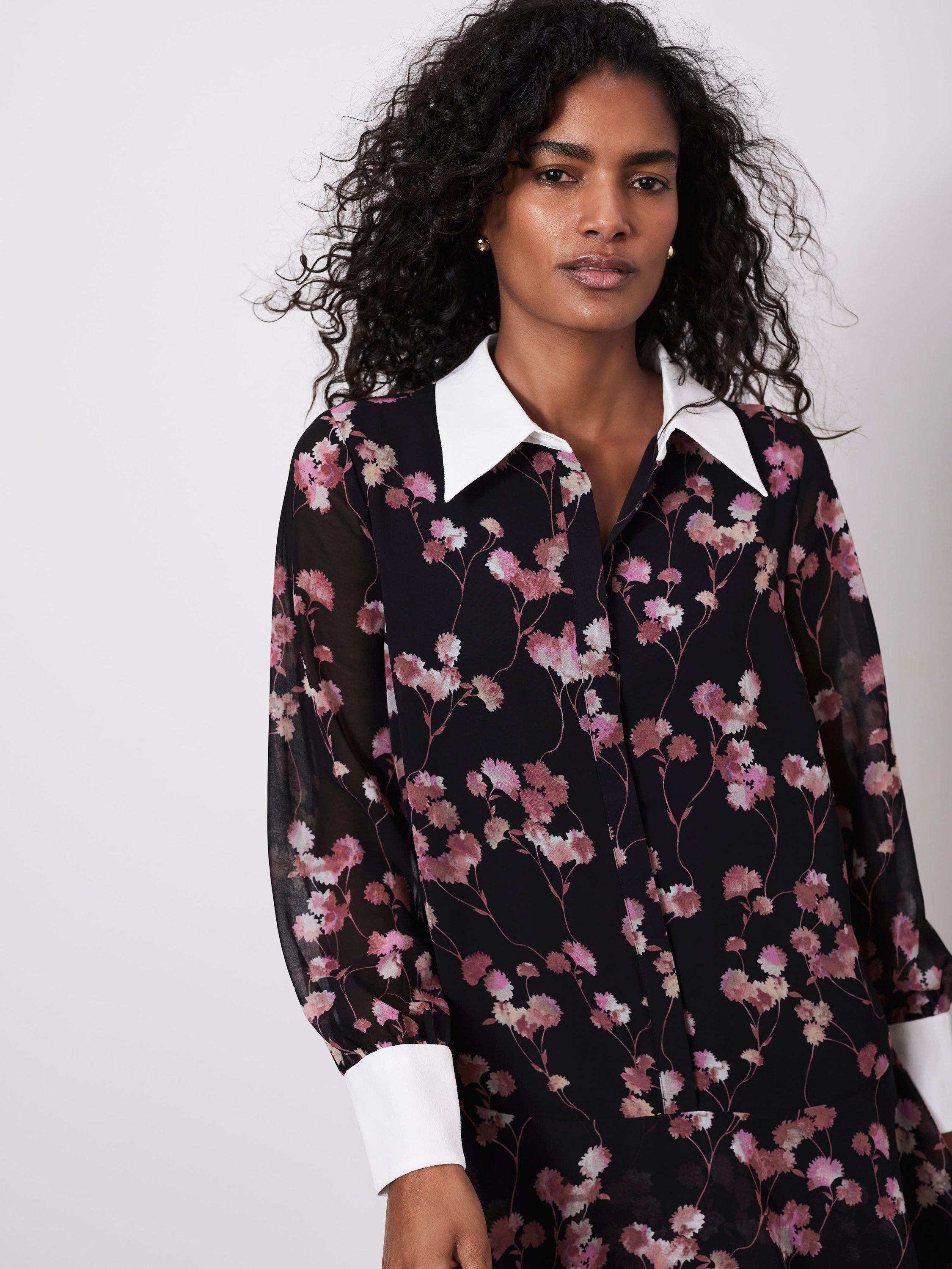 Product image 3 of 8, which shows Mint Velvet Floral Mini Shirt Dress, Black/Multi, XS