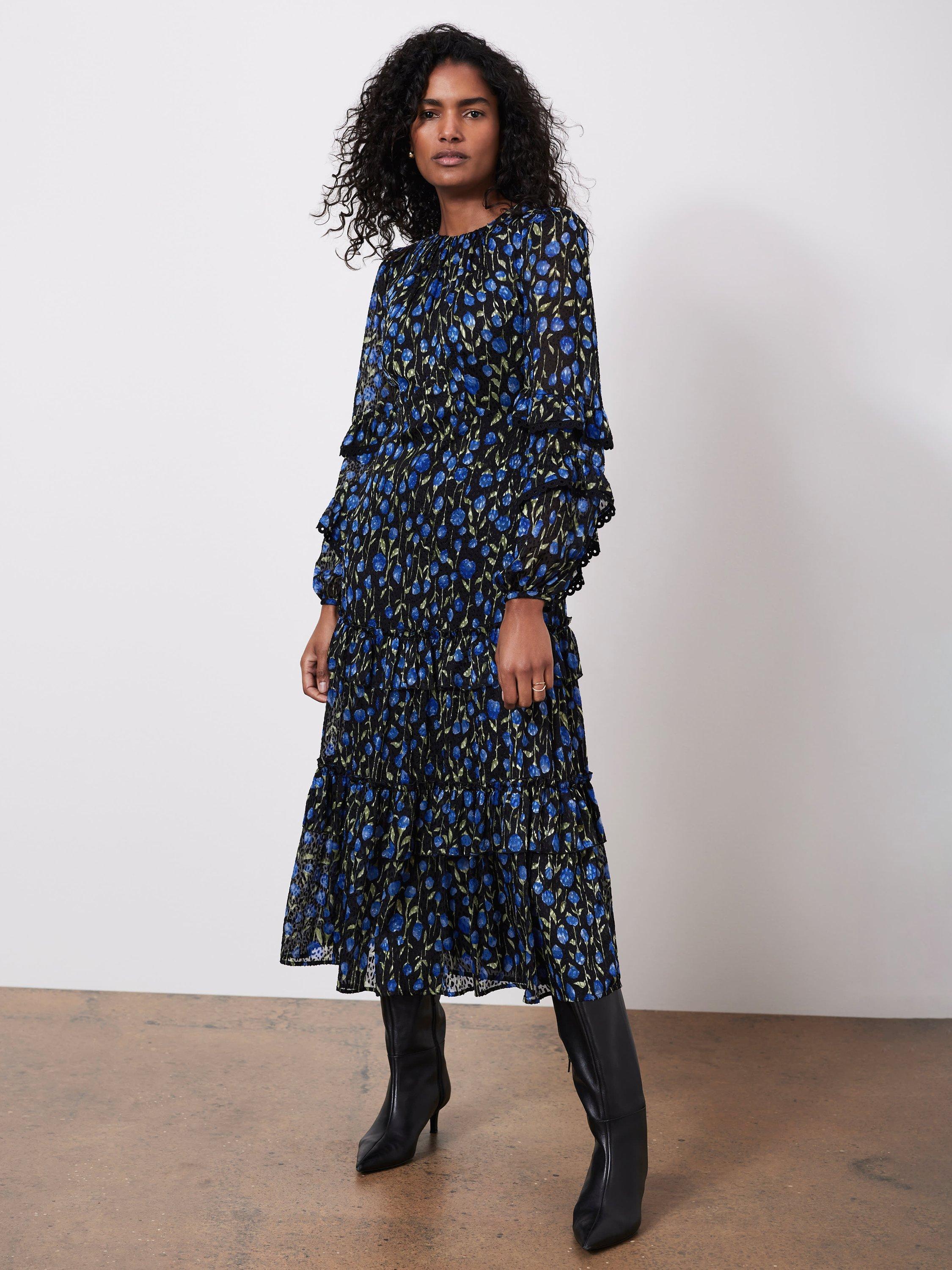 Mint Velvet Floral Print Ruched Midi Dress, Blue/Multi