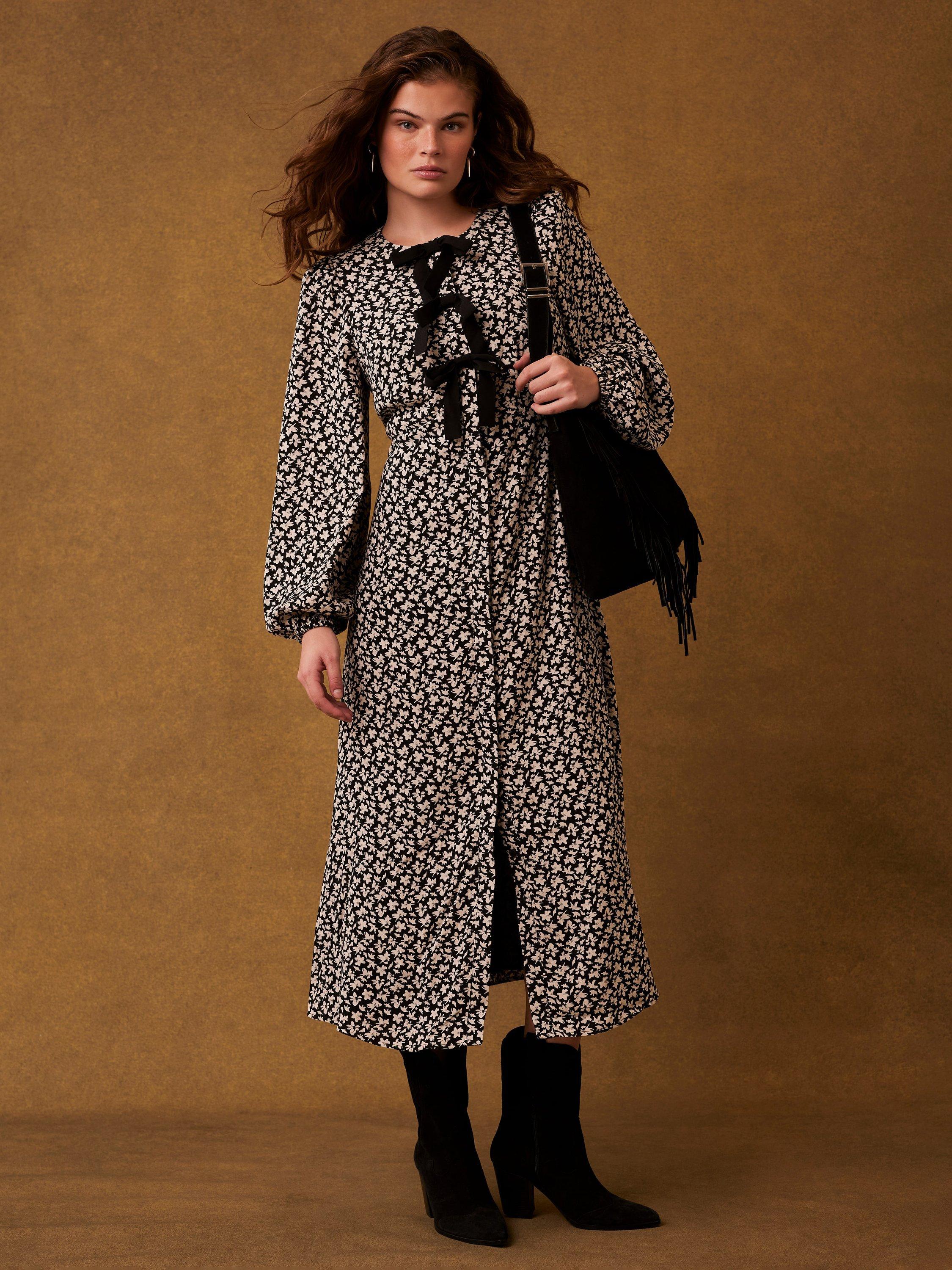 Product image 1 of 7, which shows Mint Velvet Bow Floral Print Midi Dress, Black/Taupe, 8
