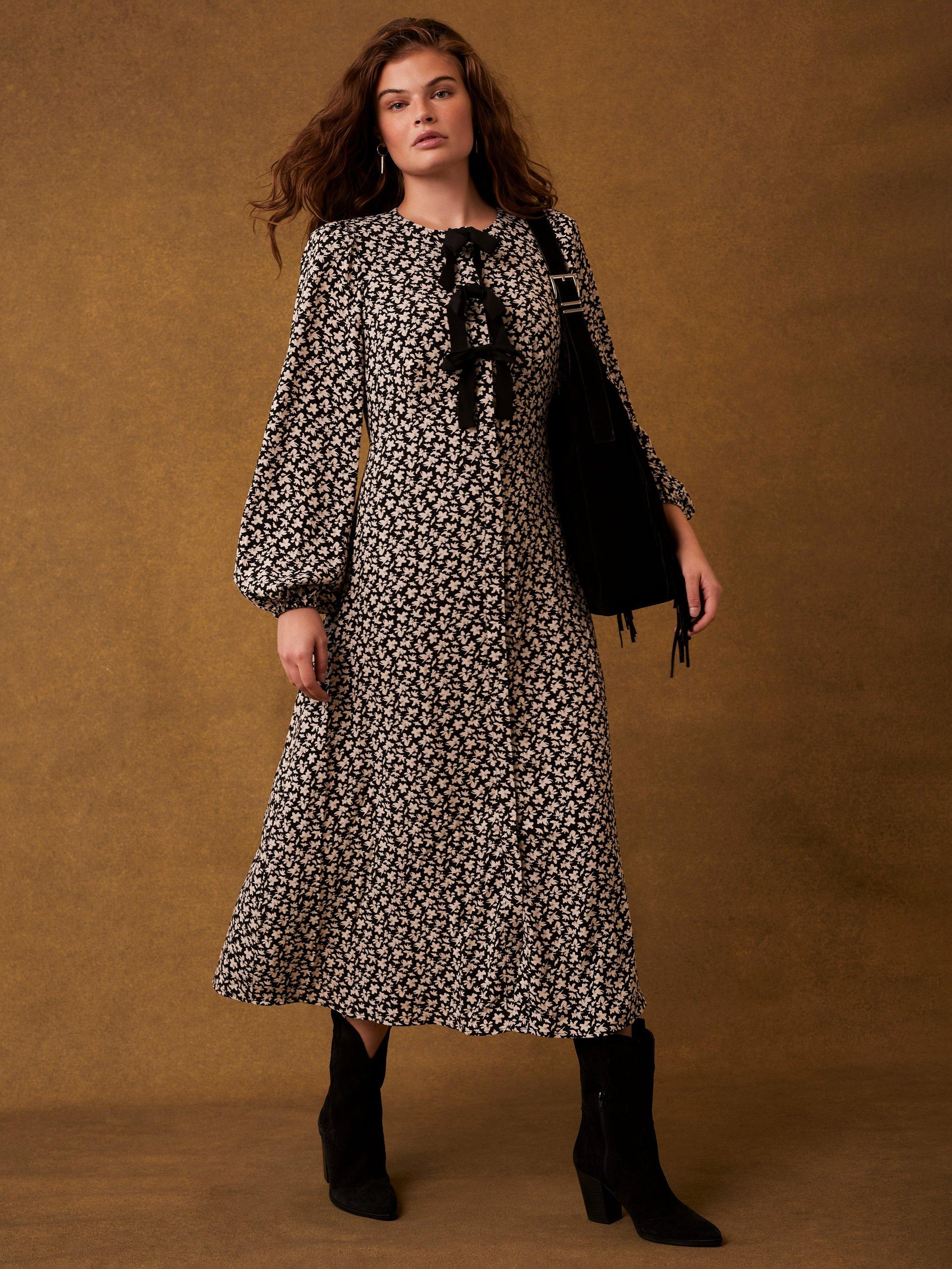 Product image 2 of 7, which shows Mint Velvet Bow Floral Print Midi Dress, Black/Taupe, 8