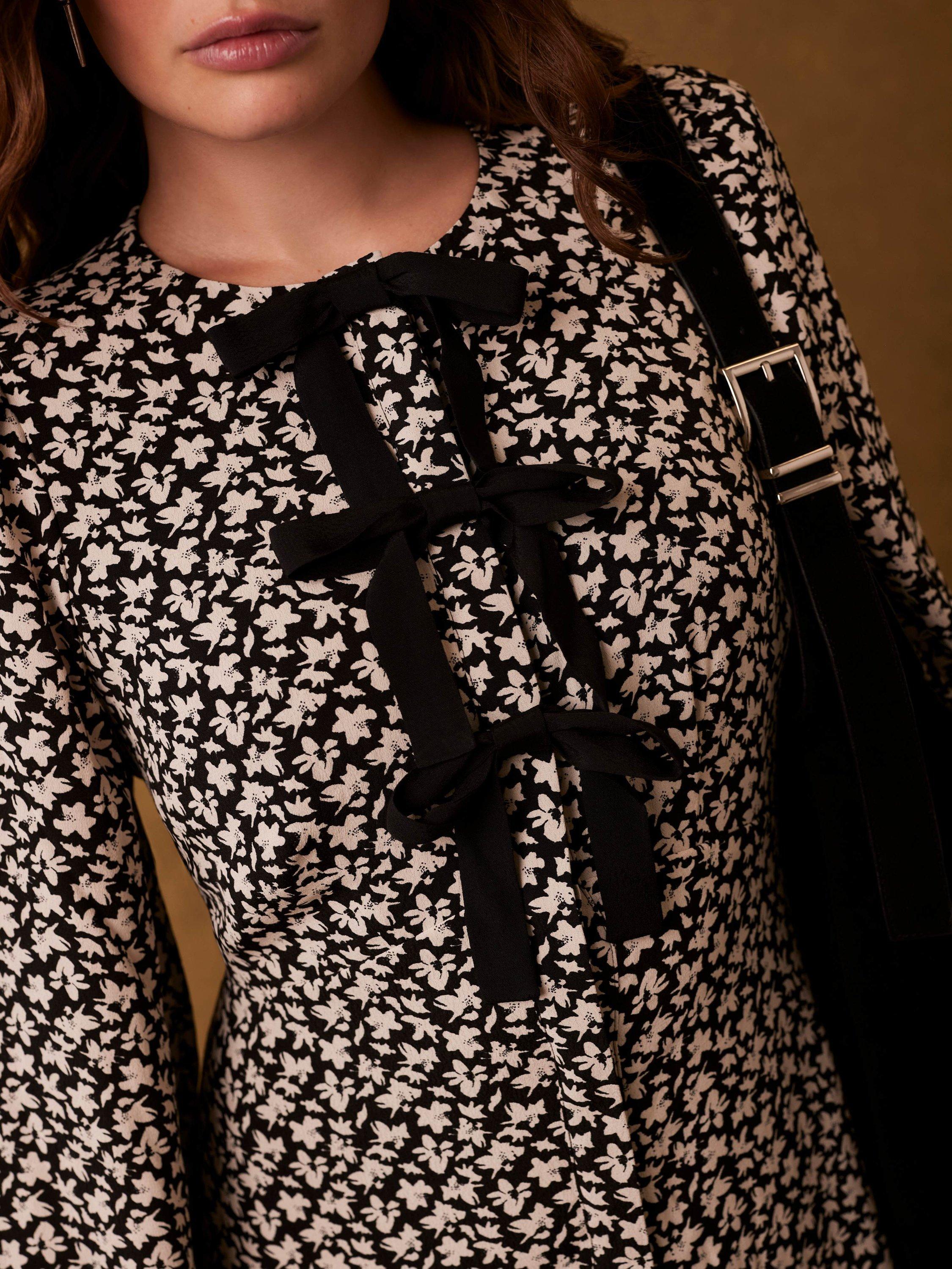 Product image 3 of 7, which shows Mint Velvet Bow Floral Print Midi Dress, Black/Taupe, 8