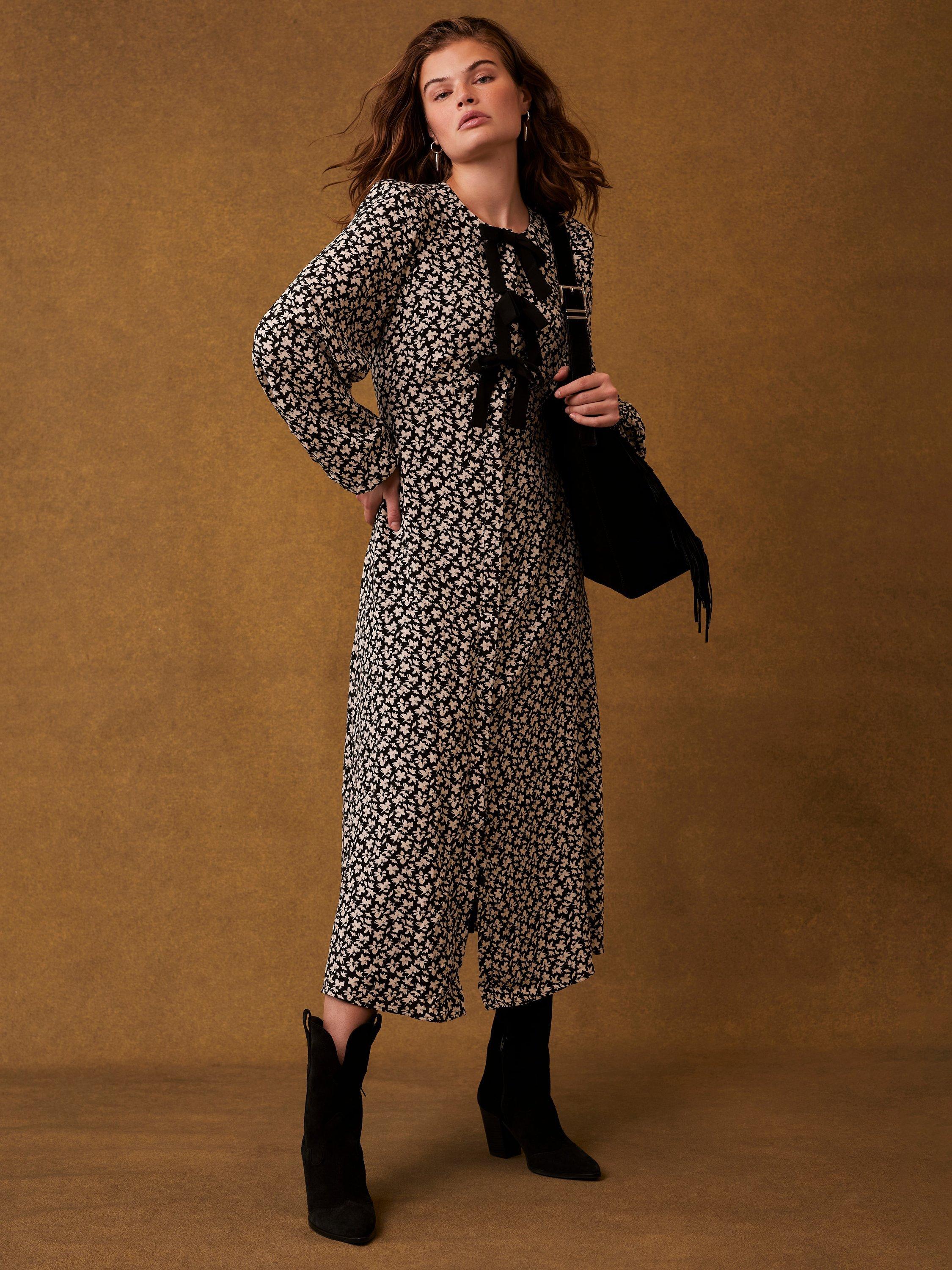 Product image 4 of 7, which shows Mint Velvet Bow Floral Print Midi Dress, Black/Taupe, 8