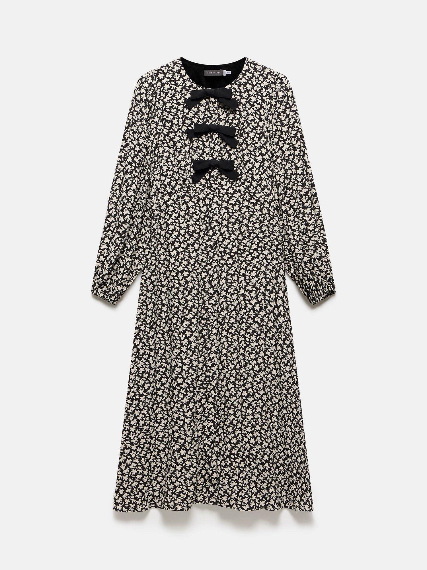 Product image 6 of 7, which shows Mint Velvet Bow Floral Print Midi Dress, Black/Taupe, 8