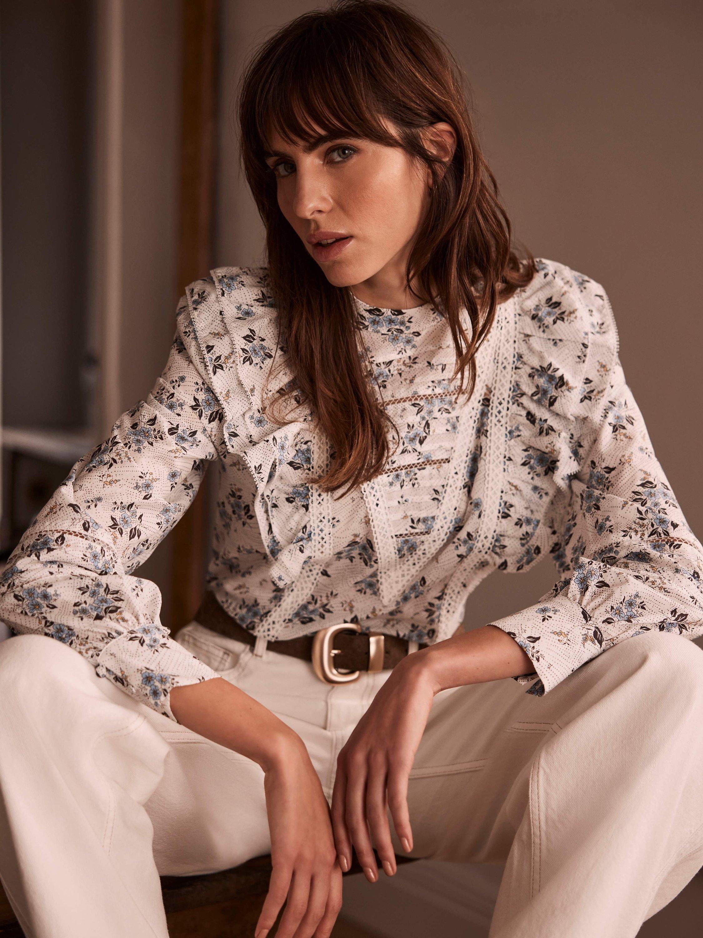 Mint Velvet Floral Pintuck Ruffle Top, White/Multi
