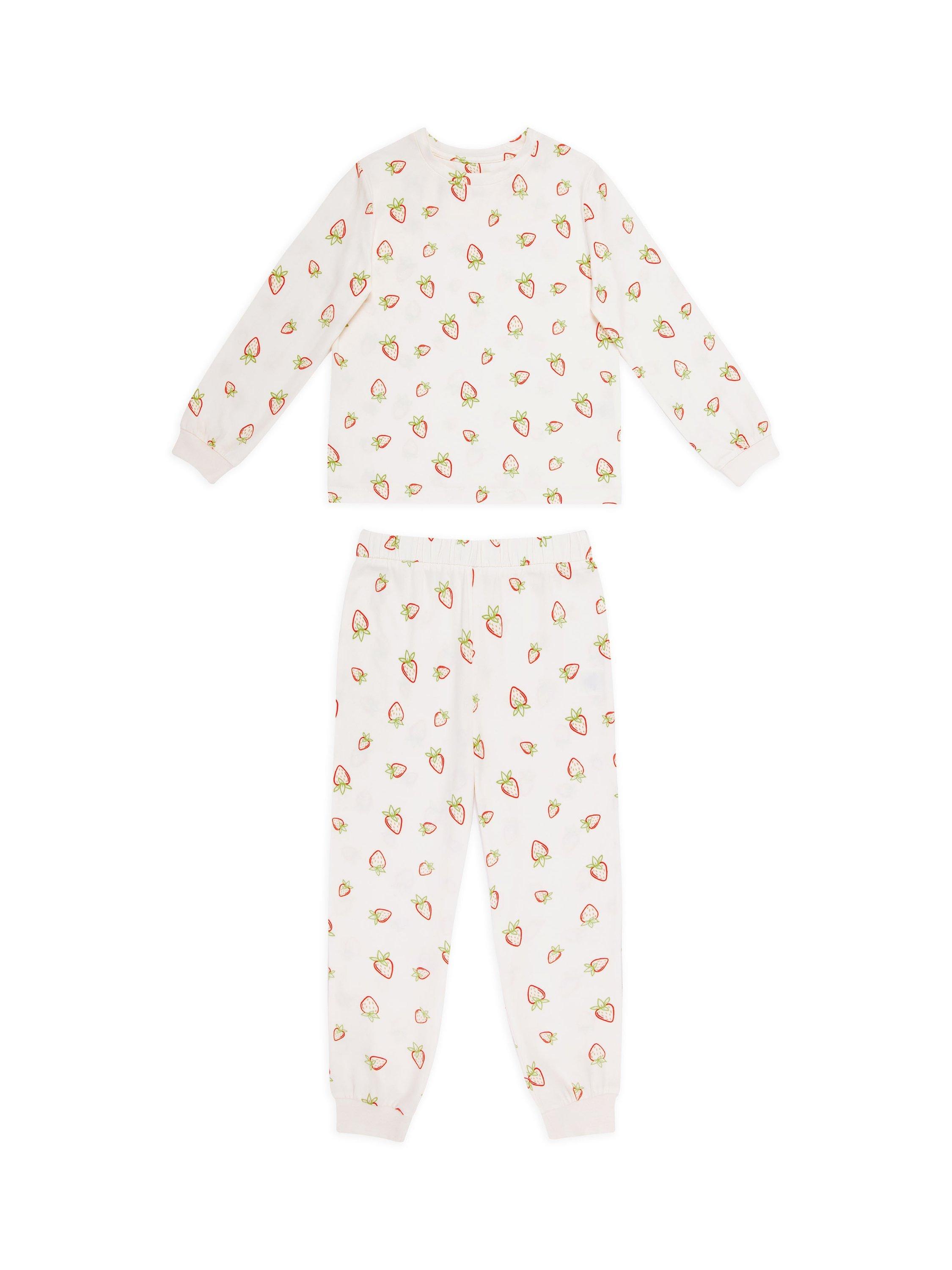 Product image 1 of 3, which shows Chelsea Peers Kids' Strawberry Long Sleeve Crew Pyjama Set, Off White/Multi, 1-2 years