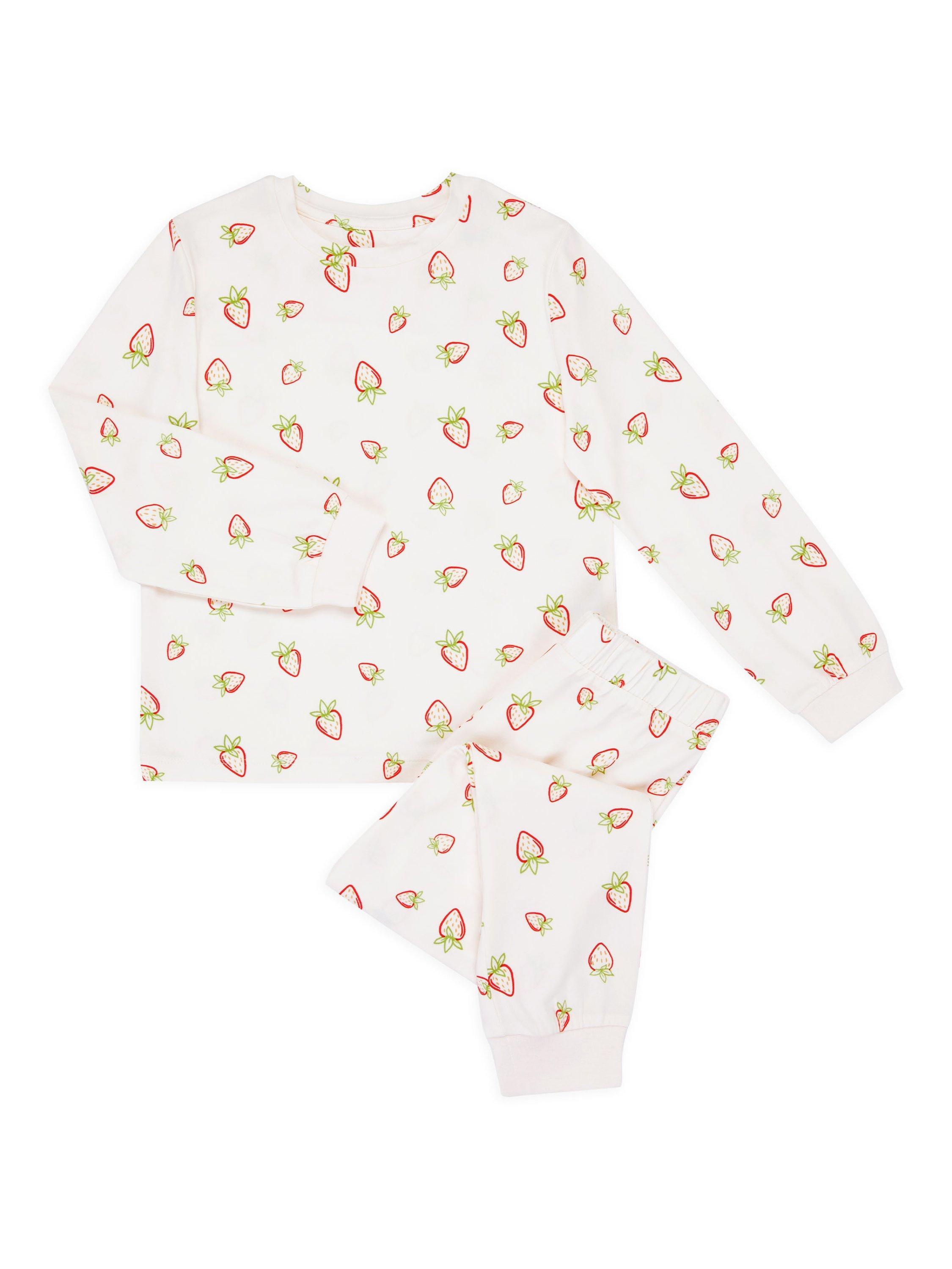 Product image 2 of 3, which shows Chelsea Peers Kids' Strawberry Long Sleeve Crew Pyjama Set, Off White/Multi, 1-2 years
