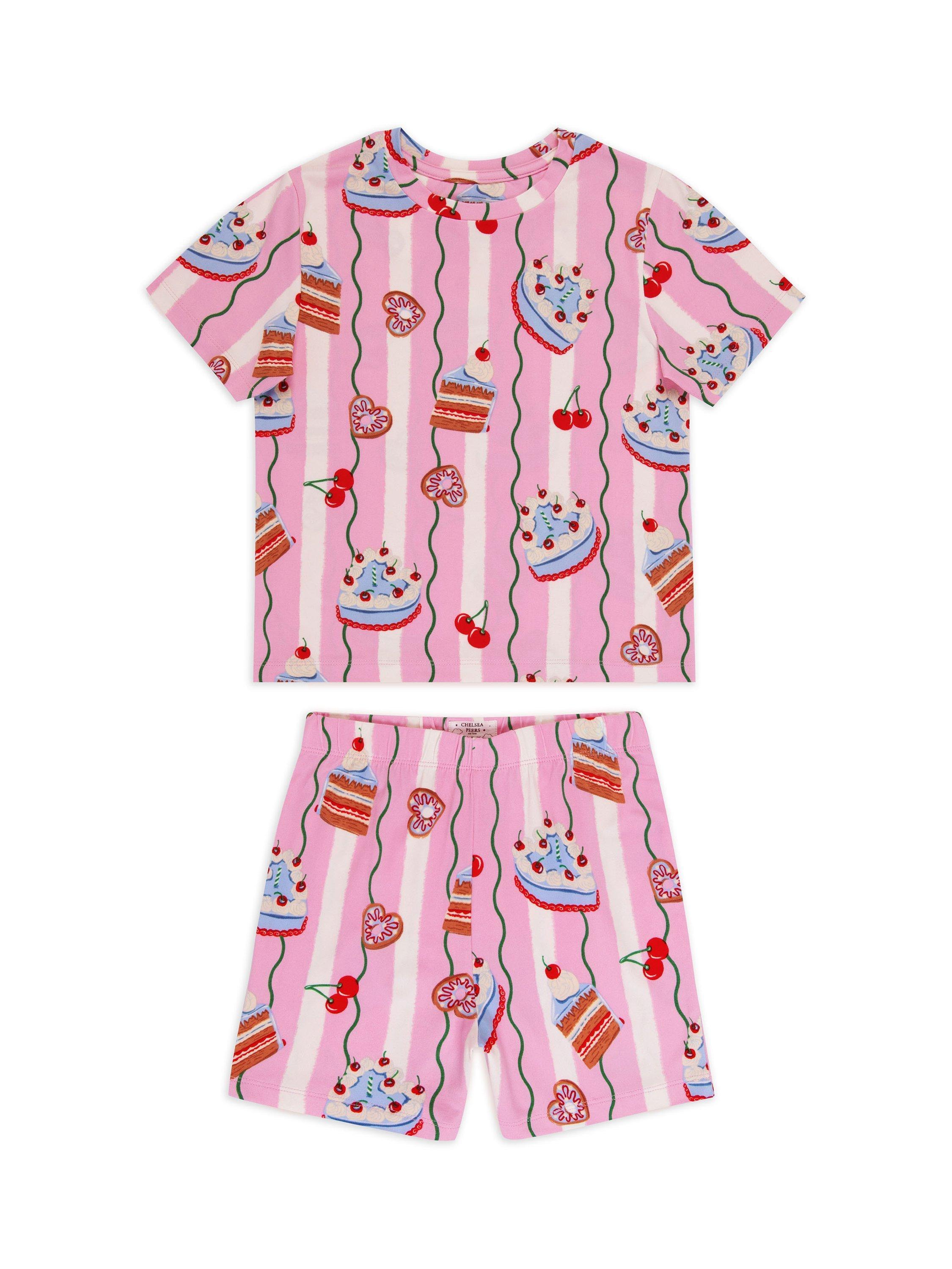 Product image 1 of 3, which shows Chelsea Peers Kids' Stripe Patisserie Print Shortie Pyjamas, Pink, 1-2 years