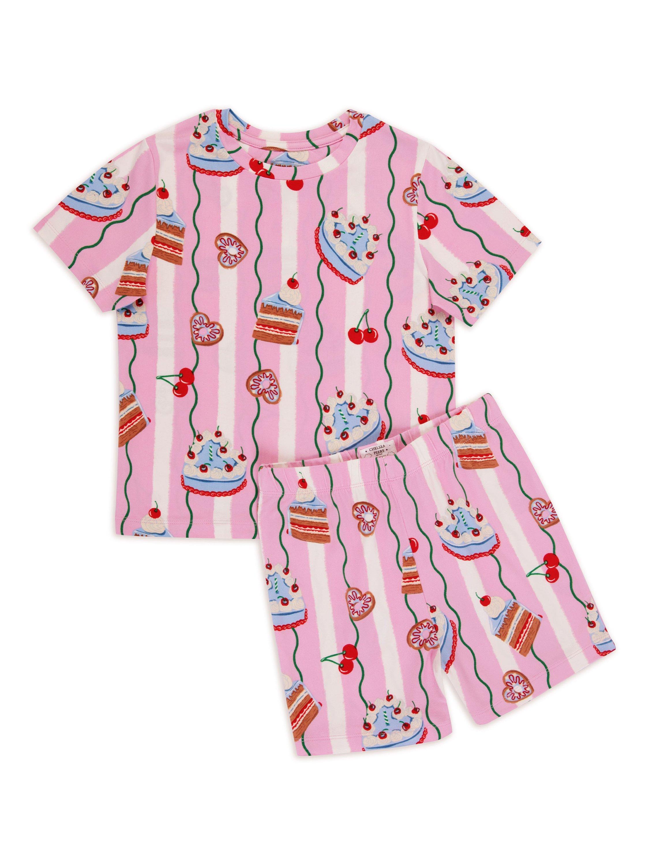 Product image 2 of 3, which shows Chelsea Peers Kids' Stripe Patisserie Print Shortie Pyjamas, Pink, 1-2 years