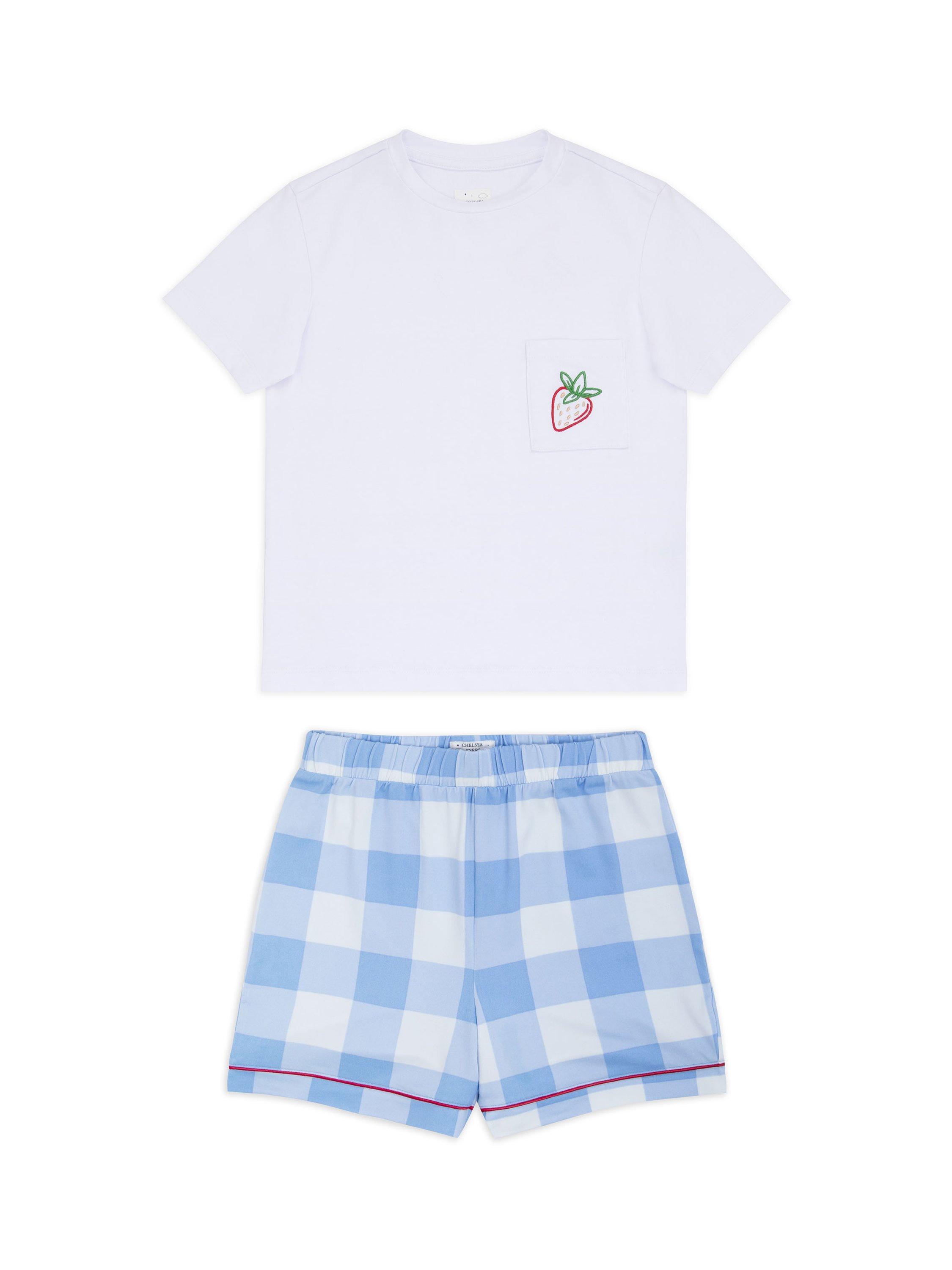 Product image 1 of 4, which shows Chelsea Peers Kids' Gingham & Strawberry Print Short Pyjama Set, Blue/Multi, 1-2 years