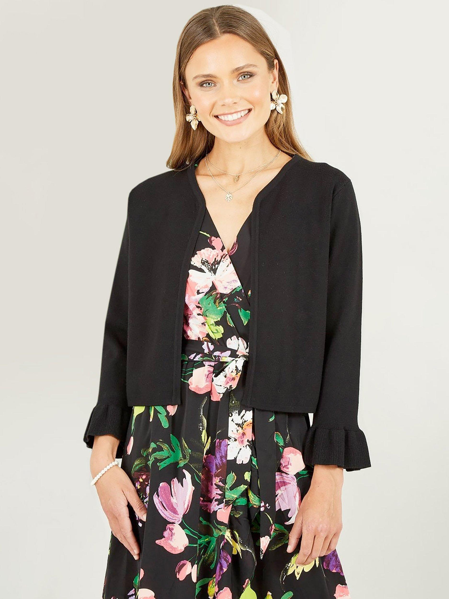 Product image 1 of 4, which shows Yumi Bell Sleeve Cropped Cardigan, Black, S