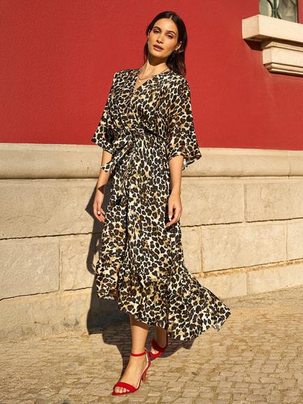 Yumi Leopard Print Midi Wrap Dress, Brown, Brown