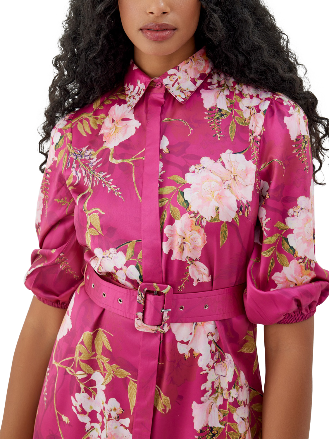 Product image 2 of 3, which shows Raishma Aria Floral Satin Dress, Red, 14