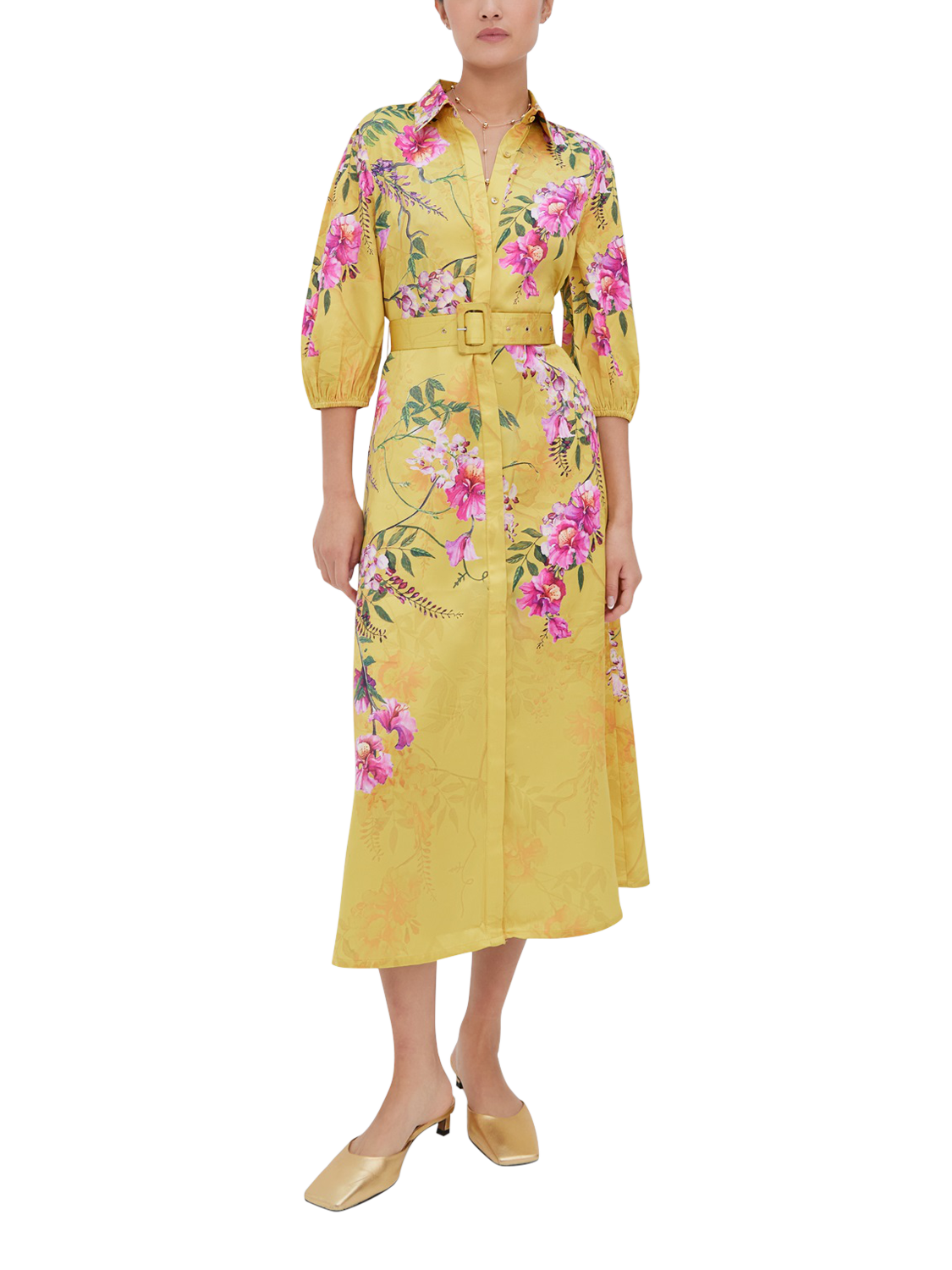 Product image 1 of 3, which shows Raishma Aria Floral Satin Dress, Yellow, 8