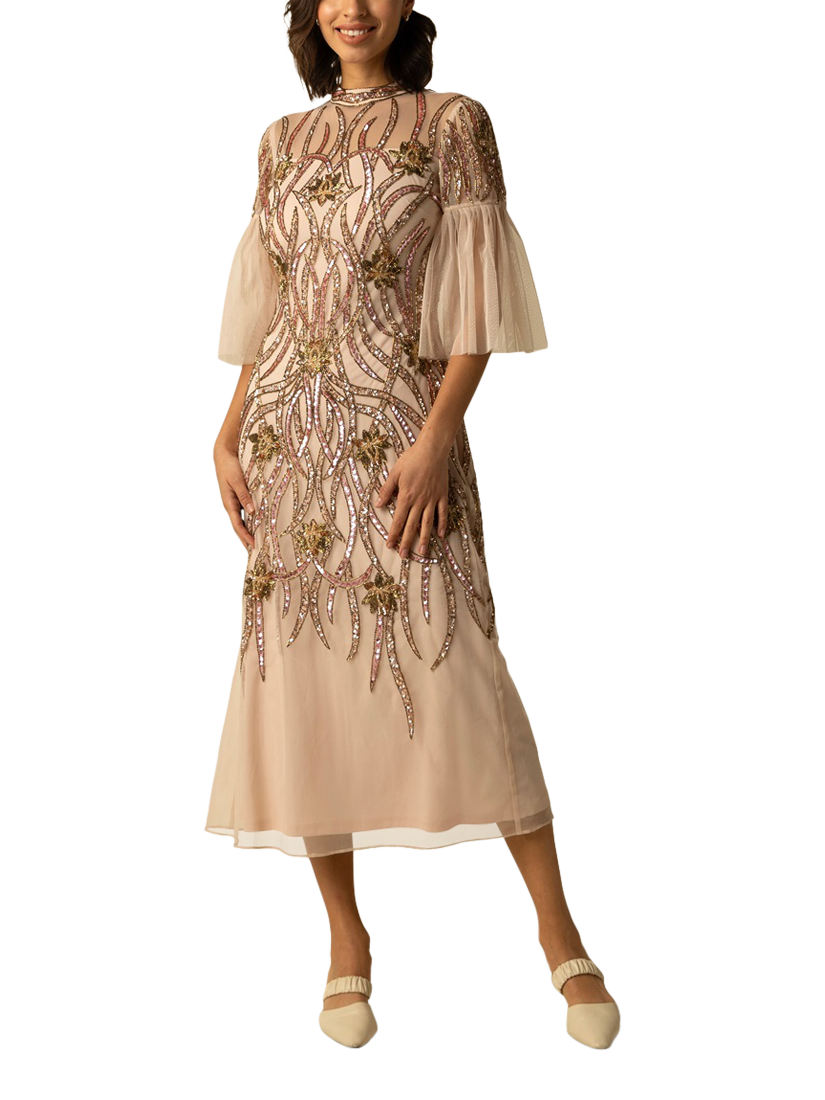 Raishma Fern Art Deco Embroidered Dress Natural