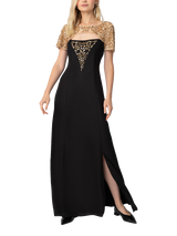 knee length dresses for ladies Black Crepe Midi Length Sheath Dress With Pearly Trim